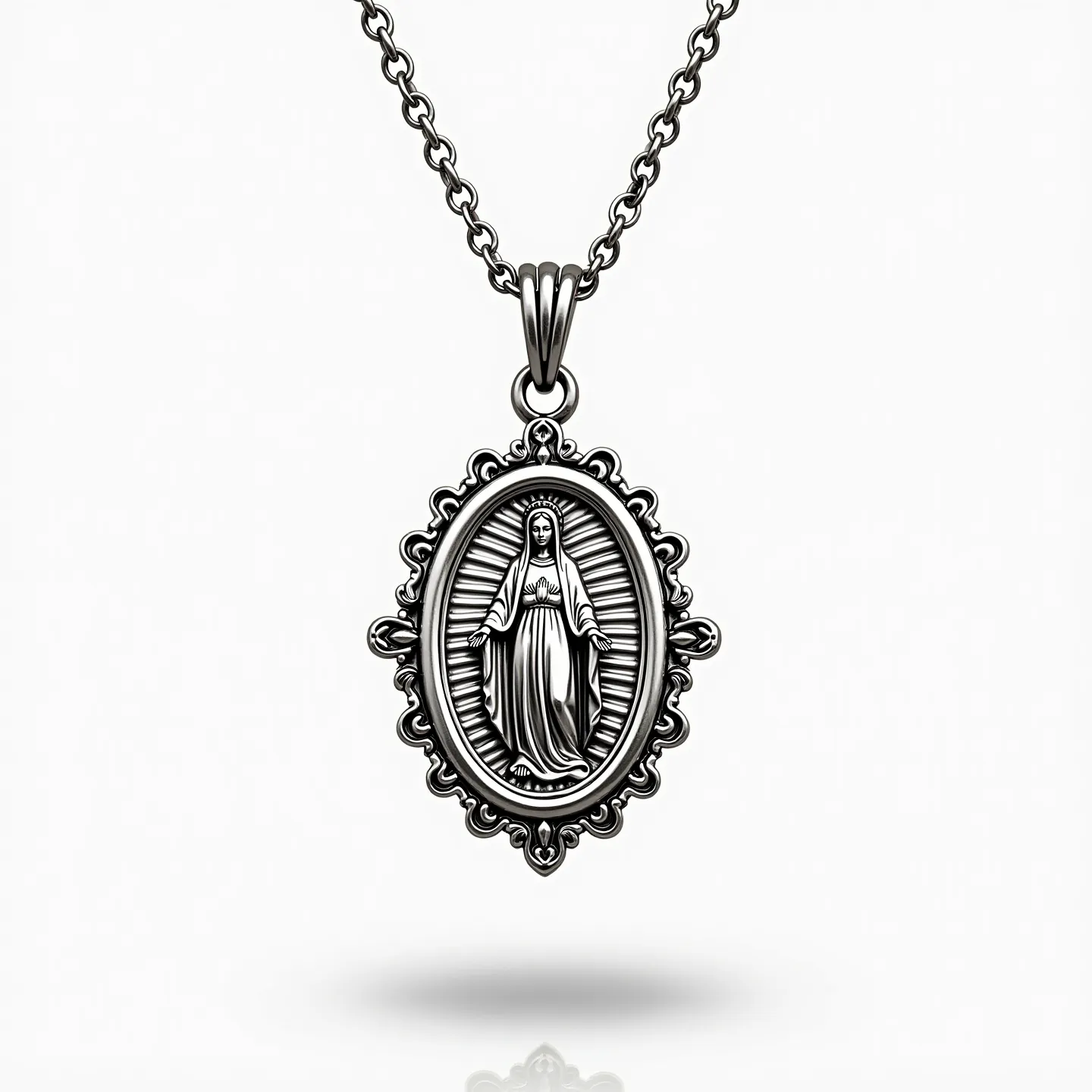 This Virgin Mary necklace features an intricate metal pendant crafted in an oval shape with ornate detailing. The central design depicts the figure of the Virgin Mary in relief, set against a backdrop of rays that suggest a halo effect. Surrounding the Virgin Mary are decorative flourishes that enhance the pendant’s elegant appearance. The pendant is attached to a chain composed of interlocking links, likely made of a similar metal for consistency in style. The necklace is secured with a standard loop-and-ring clasp that complements the overall design, ensuring durability and ease of wear.