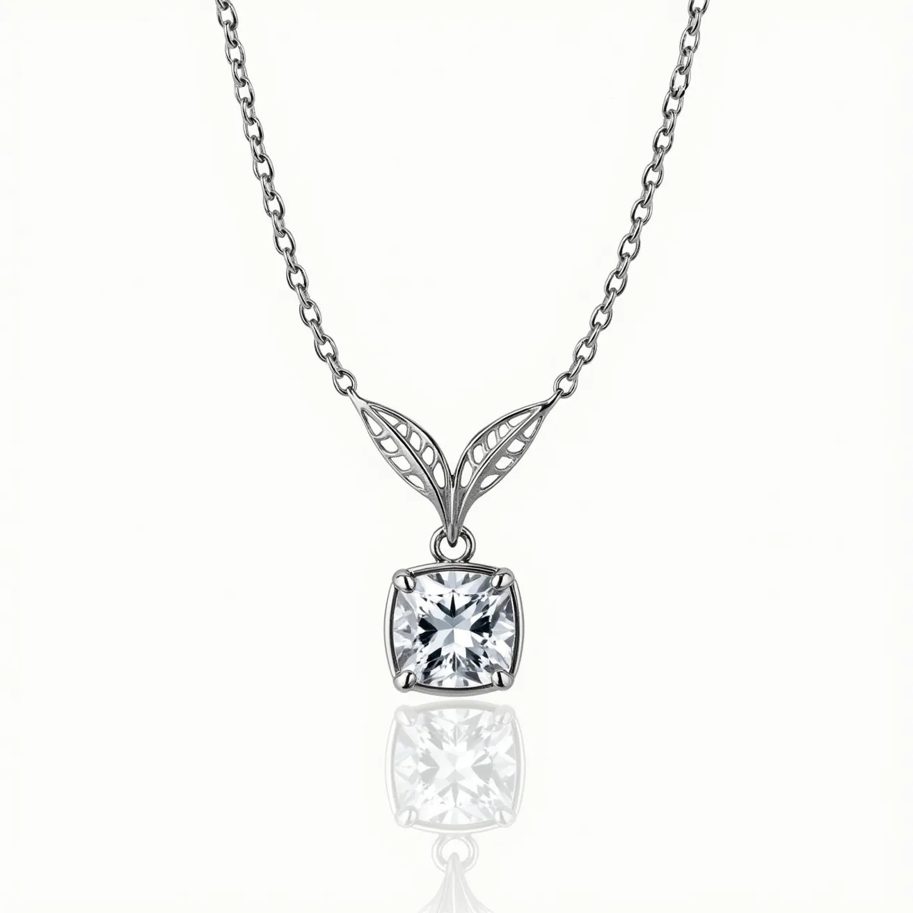 This white sapphire necklace features a striking square-cut white sapphire set in a four-prong metal setting, likely silver or white gold, providing a secure and elegant frame for the gemstone. The necklace has a delicate chain, with a unique leafy design attaching the chain to the sapphire, adding an organic and artistic touch. The clasp likely mirrors the chain's design, contributing to a cohesive aesthetic while ensuring secure wearability. The overall design emphasizes sophistication and minimalism, making it a versatile accessory for various occasions.