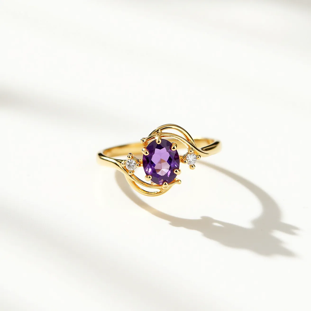 This amethyst promise ring features a polished gold band that elegantly supports an oval-cut amethyst set as the centerpiece. The amethyst is mounted in a prong setting, which accentuates its vibrant purple hue and faceted brilliance. Flanking the central amethyst, two small round-cut clear stones are similarly prong-set, adding a sparkling contrast to the design. The gold band is delicately crafted with sweeping gold accents that gracefully frame the gems, adding an artistic and fluid element to the overall composition. The craftsmanship and combination of materials lend the ring a timeless and elegant appearance.