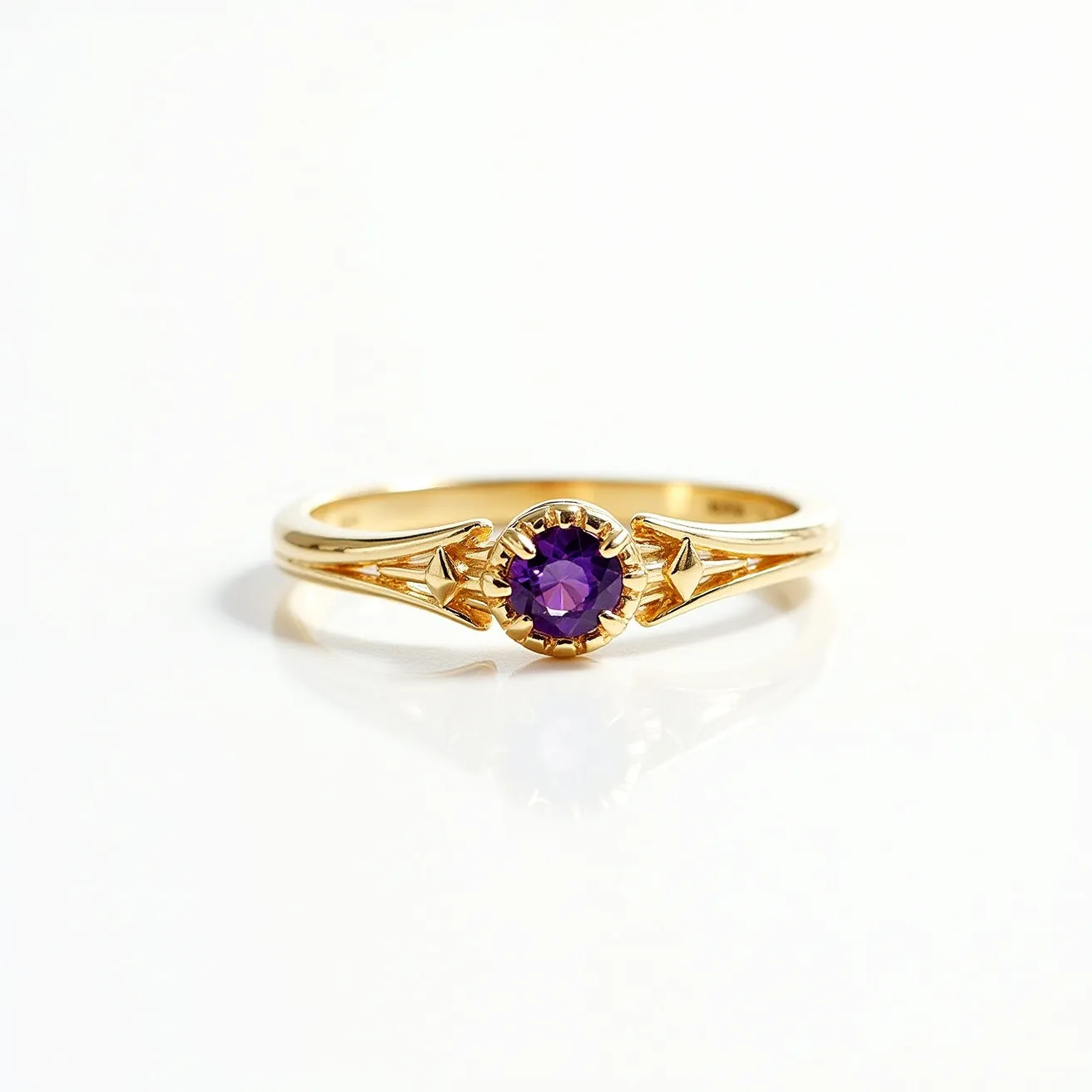 This amethyst promise ring features a round-cut amethyst gemstone set centrally in a beautifully designed gold band. The amethyst exhibits a deep purple hue, indicative of high quality, and is securely held in place by a decorative claw setting that enhances its elegant appeal. The gold band displays intricate detailing with geometric and star motifs on either side, complementing the central stone and providing a harmonious blend of tradition and modern design. The ring does not include a clasp as it is a typical slip-on style, emphasizing its nature as a promise ring symbolically worn continuously.