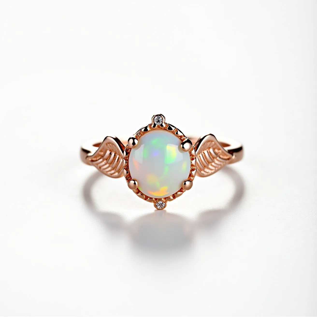 This angel ring features a central opal gemstone, cut in an oval shape, which is set prominently in a prong setting. The opal is surrounded by small, clear accent stones, likely diamonds, in a bezel setting at the top and bottom, adding a touch of sparkle. The ring band is crafted from a rose gold material, providing a warm and elegant hue that complements the opal's multi-colored play of light. On either side of the central opal are delicately designed angel wings, intricately fashioned from the same rose gold, creating a harmonious and ethereal theme. The ring does not appear to have any additional clasps or attachments, showcasing a simple band design.