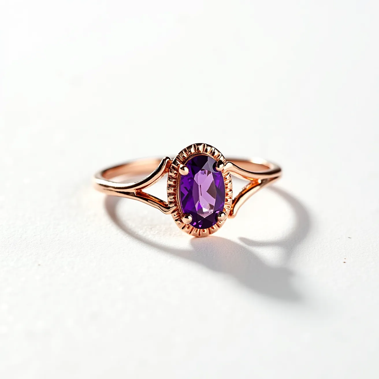 This angel ring features a delicate rose gold band that elegantly frames a central purple gemstone. The gemstone is an oval-cut amethyst, securely held in place by a prong setting that highlights its vibrant color and facets. The intricate detailing around the stone enhances the classic yet sophisticated design of the ring, creating a timeless piece of jewelry. The smooth band contours gently, ensuring comfort and ease of wear, while maintaining a striking visual appeal.