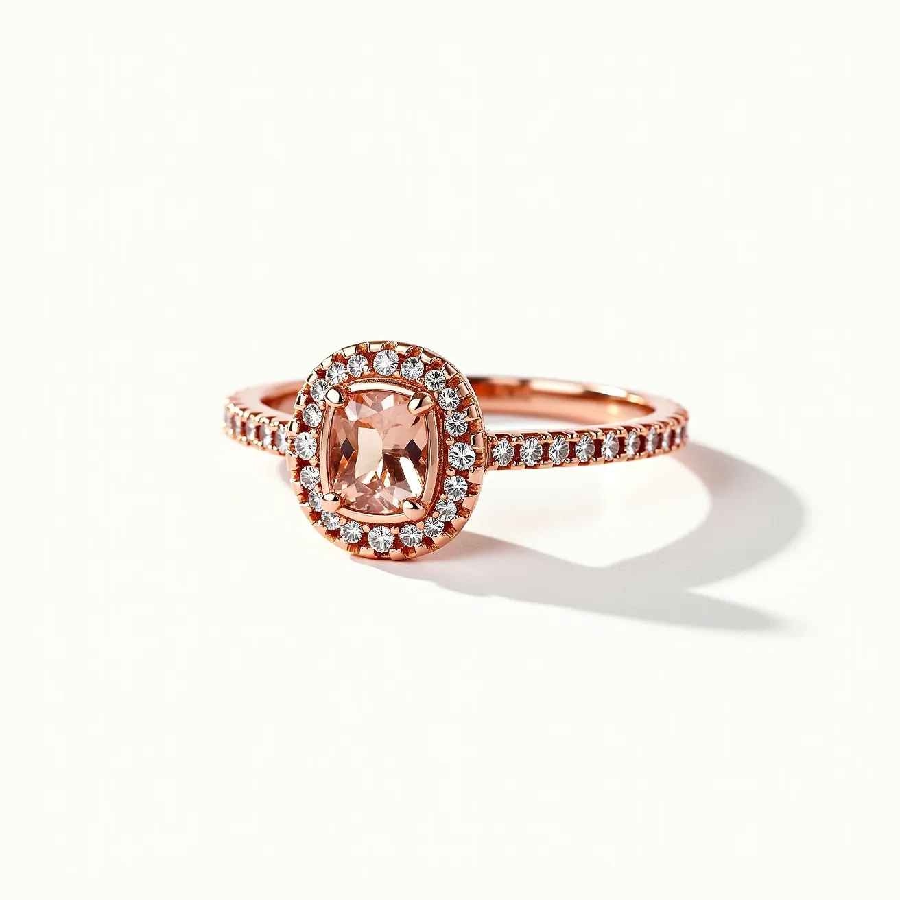 This angel ring features a central cushion-cut peach-colored gemstone, elegantly set within a four-prong setting. Surrounding the center stone is a halo of small round brilliant-cut diamonds, enhancing its sparkle and overall appeal. The band is crafted from rose gold, which complements the warm tones of the central gem, and is adorned with additional small round diamonds, further accentuating the ring’s luxurious design. The overall craftsmanship highlights a classic yet sophisticated style, perfect for making a refined statement.