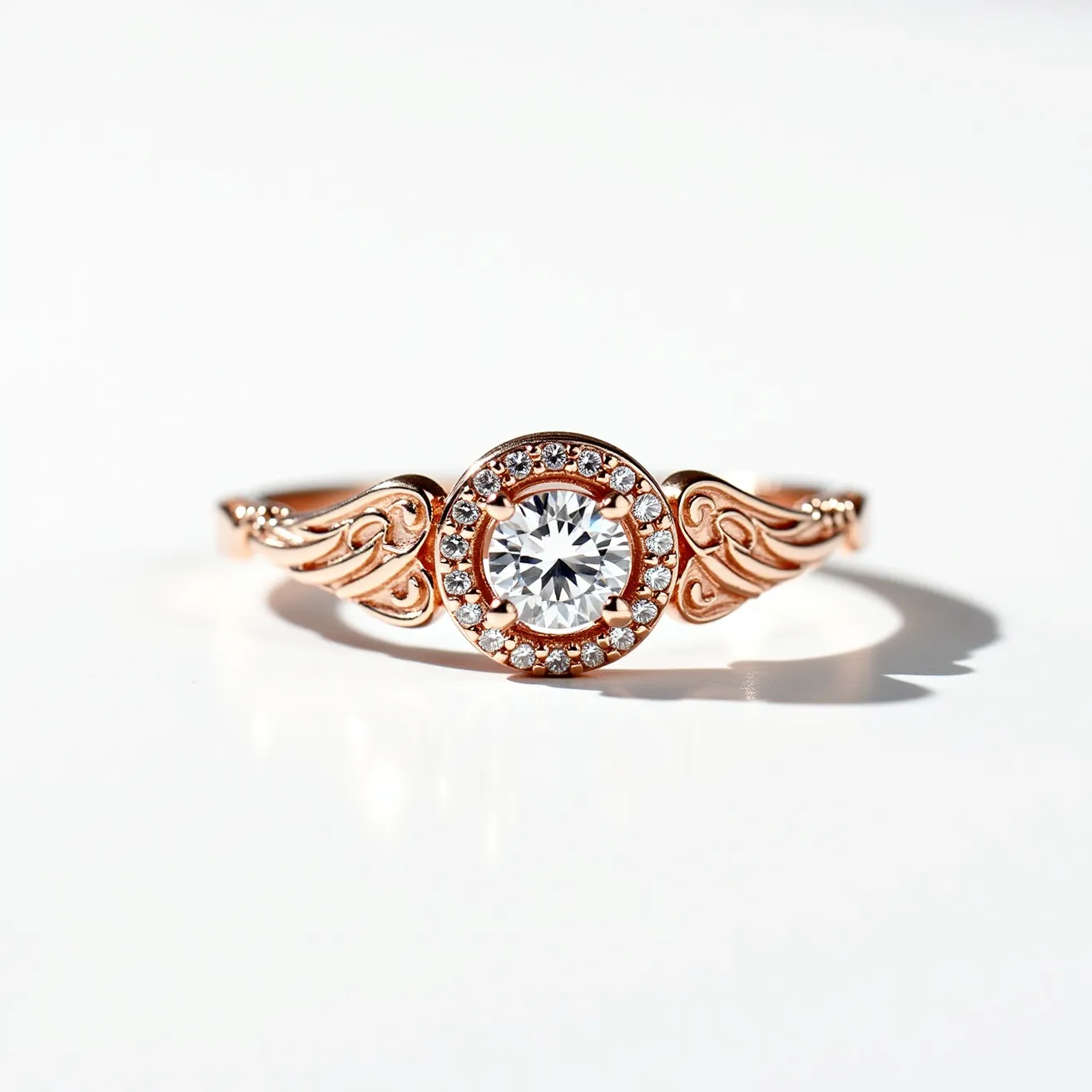 This angel ring features an elegant design crafted from rose gold, showcasing intricate scrolling on either side of the central setting that adds a touch of delicate artistry. At the heart of the ring sits a brilliant-cut round diamond, surrounded by a halo of smaller round diamonds that accentuate its sparkle. The main stone is secured in a classic prong setting, ensuring stability while enhancing the diamond's brilliance. The ring's design is seamlessly cohesive, with an attention to detail that highlights both the metalwork and the gem settings, blending them into a harmonious piece of jewelry.