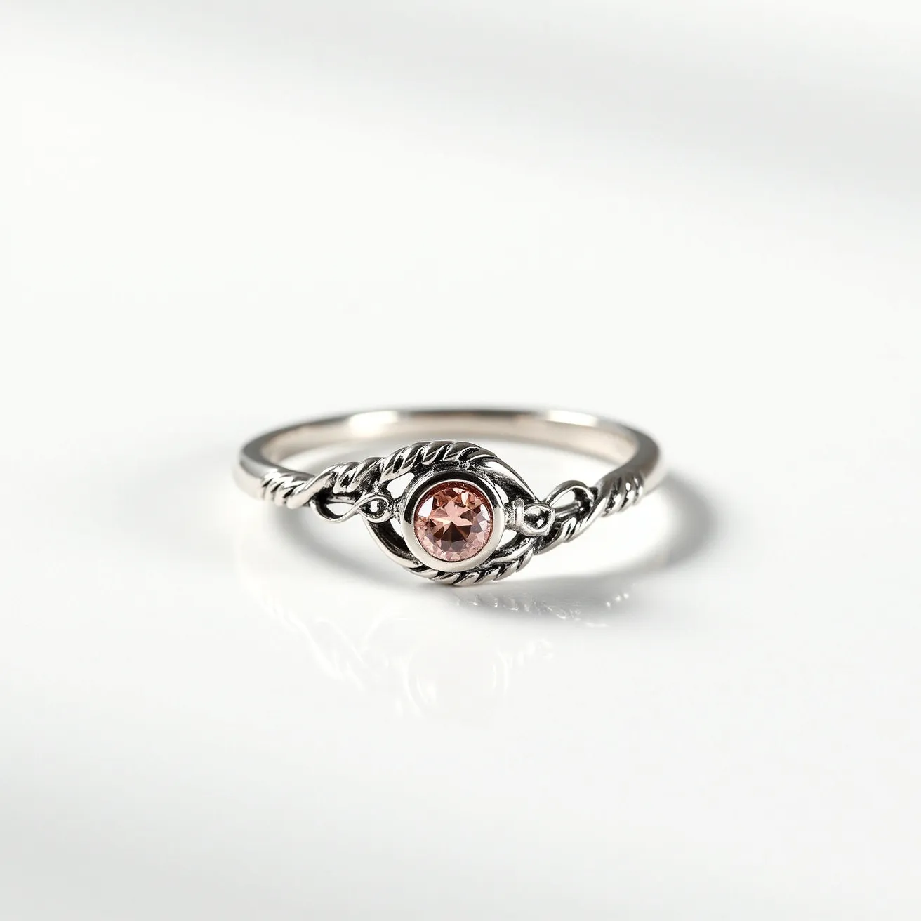 This angel ring features a delicate design crafted from a silvery metal that forms a graceful band. At its center, a round-cut gemstone, possibly a pink or champagne-colored stone, is securely nestled within a bezel setting. The stone is surrounded by intricate metalwork resembling wings or feathers, enhancing the celestial theme of the piece. The meticulous detailing adds a sense of elegance and sophistication, making it a notable piece of jewelry.