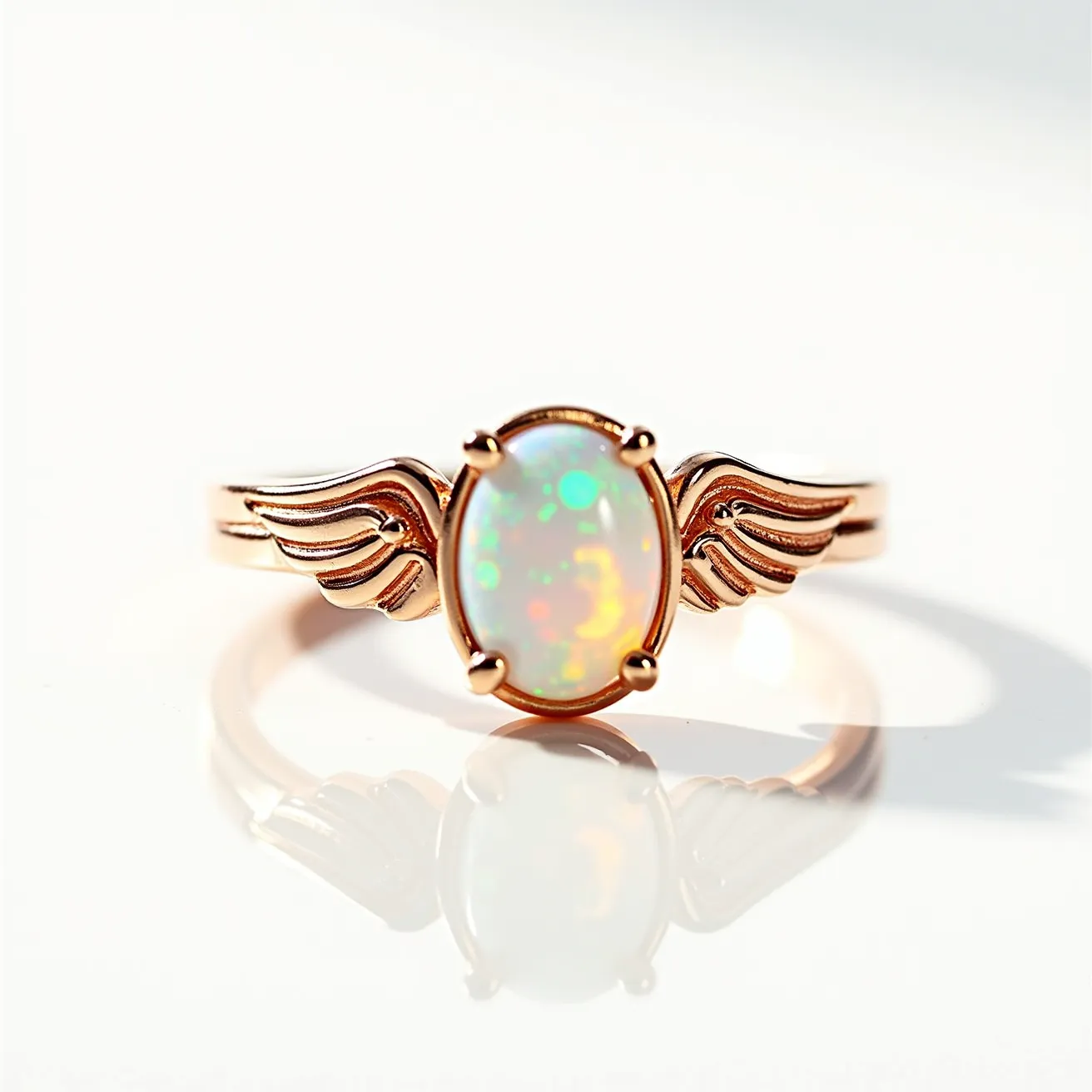 This angel ring features an intricately designed metal band, likely crafted from rose gold, which adds a warm, elegant glow. At its center, it showcases an oval opal gemstone set in a secure four-prong setting, allowing the play of colors within the opal to beautifully catch the light. The opal is flanked by a pair of delicately crafted angel wings, which are seamlessly integrated into the band design, adding a symbolic and decorative touch. The ring exhibits a polished finish, further enhancing its luminous quality.