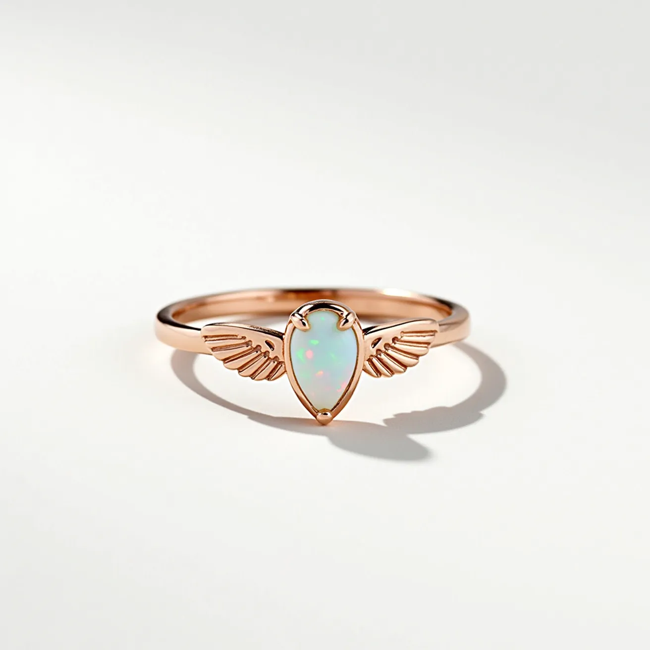 This angel ring features a delicate design with a central opal gemstone, distinguished by its teardrop shape and iridescent qualities. The opal is set in a prong setting that secures it firmly within a gold or gold-toned band. Extending from either side of the opal are two intricately crafted wings, adding an ethereal and symbolic element to the ring's appearance. The metal used appears polished, enhancing the ring's elegant and luminous aesthetic. The combination of materials and design elements creates a harmonious and striking piece of jewelry.