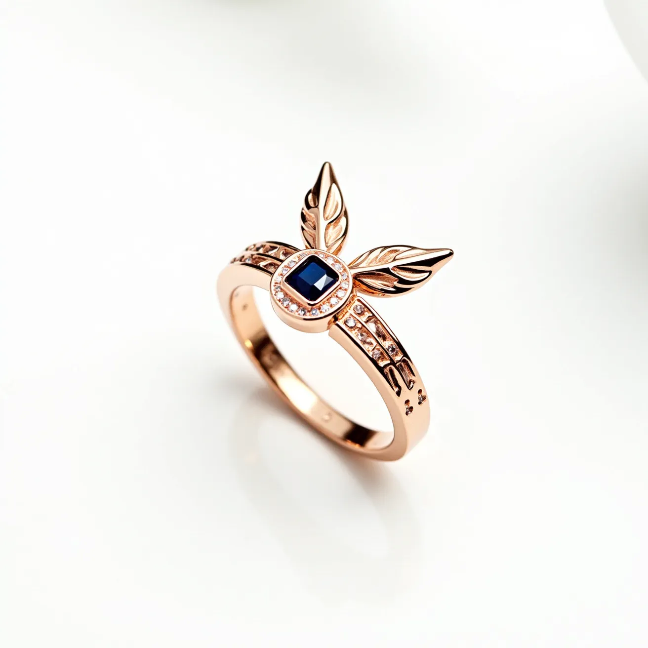 This angel ring is crafted from rose gold with a unique and elegant design featuring wing-like embellishments. At the center, it showcases a square-cut blue sapphire, which is set in a bezel setting. The ring's band is adorned with small, round-cut diamonds that are channel-set, adding a touch of brilliance and complementing the central gemstone. The combination of the warm-toned metal and the rich blue sapphire, along with the sparkling diamonds, creates a beautiful and harmonious aesthetic.