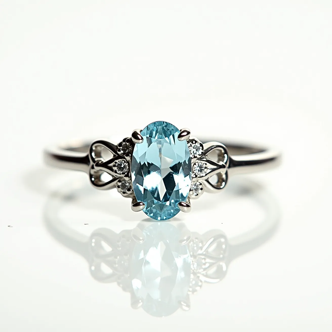 This aquamarine ring features an oval-cut aquamarine gemstone as its central focus, set in a four-prong arrangement that enhances its elegant appearance. The aquamarine is surrounded by smaller, brilliant-cut diamonds that add a touch of sparkle and sophistication to the design. The ring is crafted from a lustrous white metal, likely platinum or white gold, which complements the cool tones of the aquamarine and diamonds. Intricate detailing on the band adds a vintage or romantic flair, enhancing the overall aesthetic of the piece. The combination of the clear blue of the aquamarine and the glistening diamonds creates a stunning and timeless look.