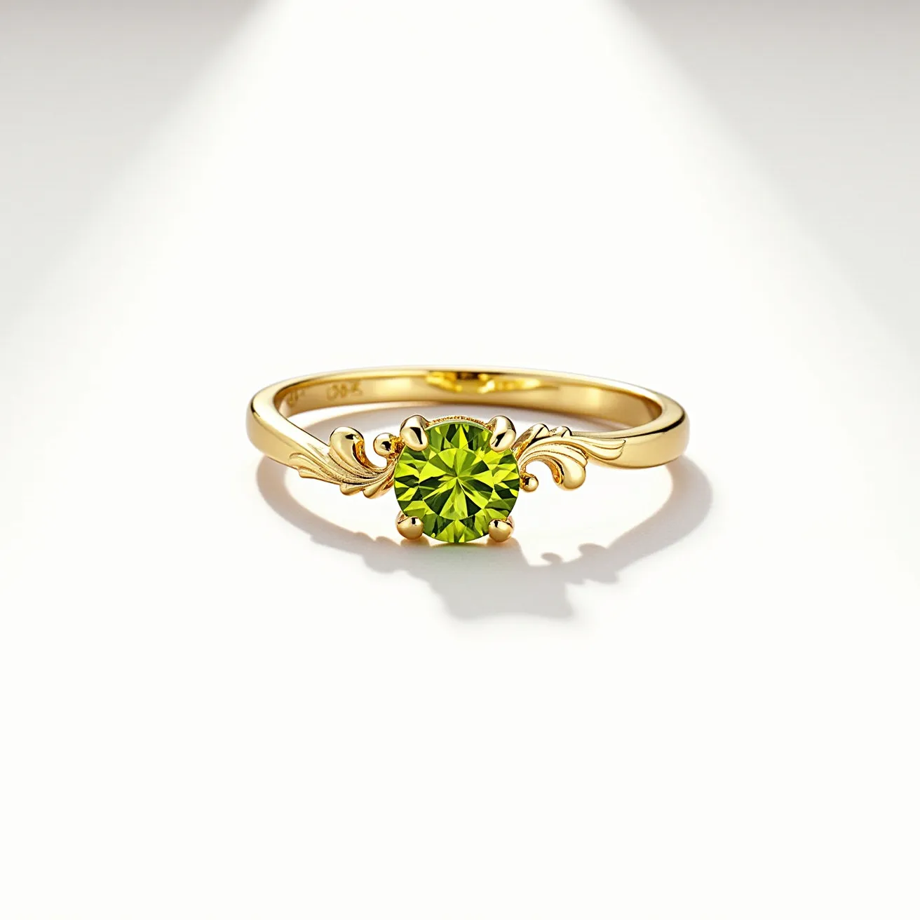 This august birthstone ring features a vibrant peridot at its center, expertly cut into a round shape to showcase its vivid green hue. The peridot is securely nestled in a four-prong setting, which highlights the gem's brilliance. The ring band is crafted from gold, designed with elegant, swirling accents on either side of the stone that add a touch of sophistication and enhance the overall aesthetic. With a polished finish, the ring offers a luxurious feel, making it a perfect representation of the august birthstone in a delicate and graceful design.