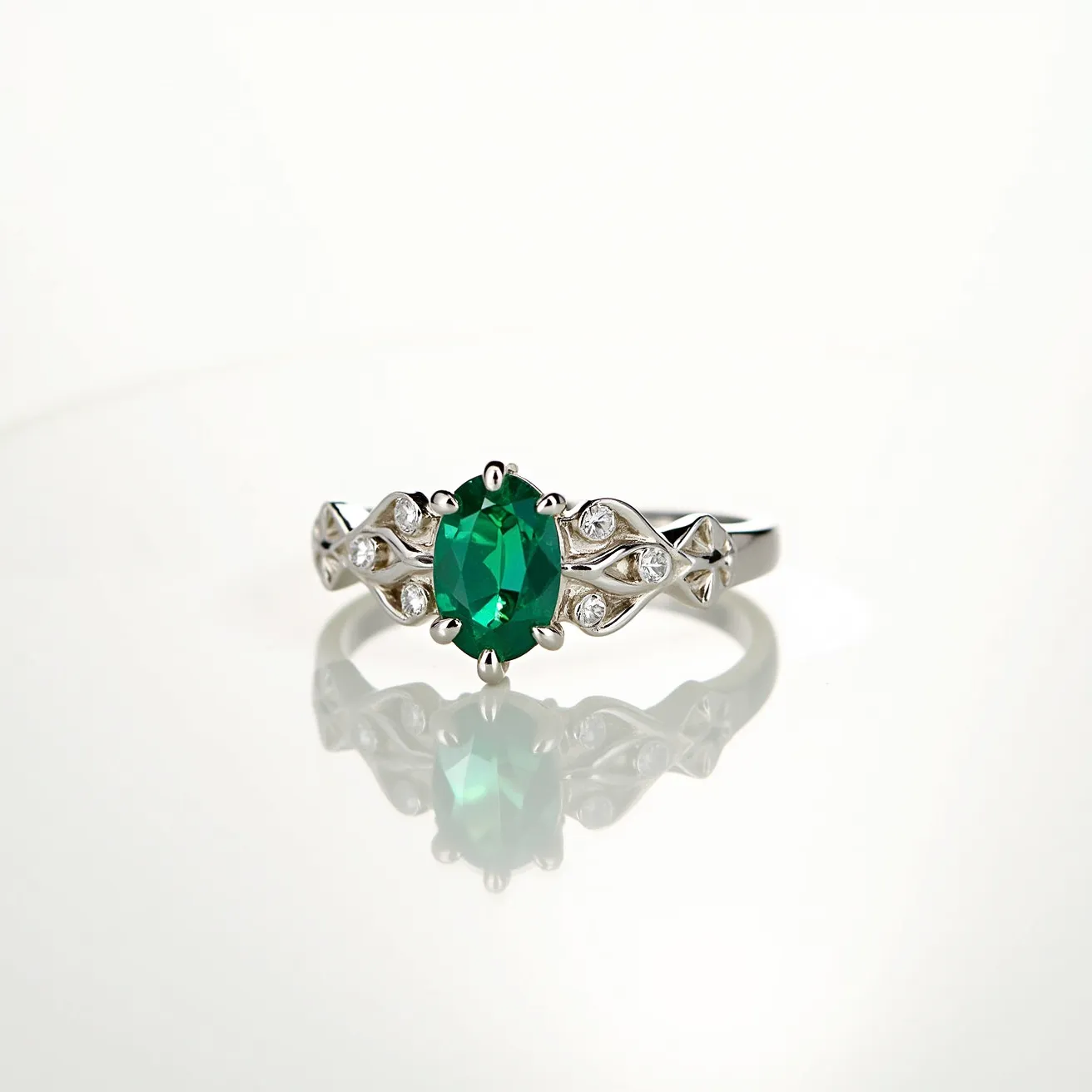 This august birthstone ring features a striking oval-cut green stone, likely peridot, set in a polished metal band that appears to be white gold or platinum. The central gem is elegantly flanked by intricate metalwork, incorporating small, round-cut accent stones that enhance its elegance. These additional stones are securely held within a prong setting that complements the main stone, adding a touch of sophistication. The design showcases a balanced juxtaposition of the vivid green centerpiece and the surrounding sparkle, creating a timeless piece that embodies both charm and refinement.