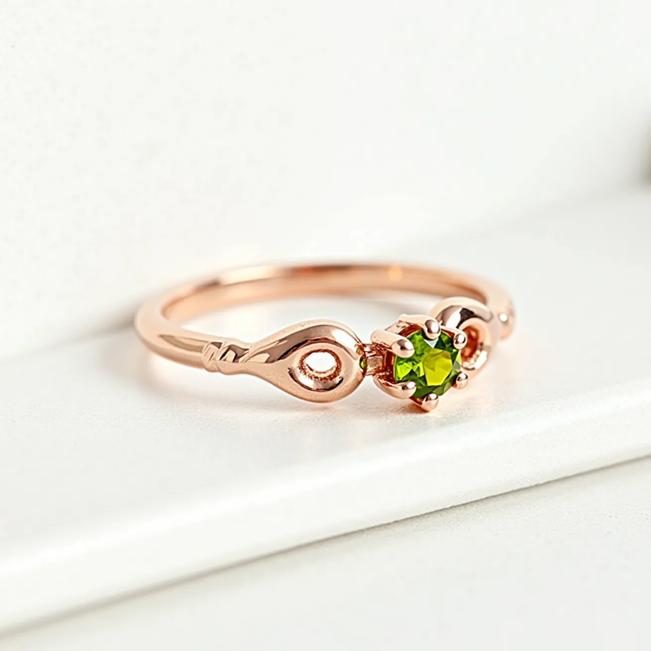 This august birthstone ring features a peridot stone, known for its vibrant green hue, which is expertly cut in a round shape. The stone is nestled within a classic four-prong setting that holds it securely while allowing maximum light exposure to enhance its radiance. The band, crafted from what appears to be a warm rose gold or gold material, displays a subtle decorative pattern that adds an elegant touch to the overall design. The ring showcases meticulous craftsmanship, creating a balance between simplicity and sophistication.