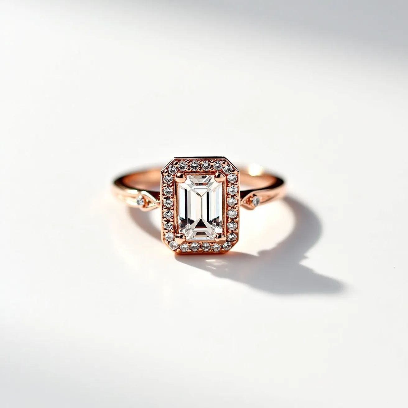 This august birthstone ring showcases a central peridot stone, traditionally associated with the month of August, cut into an elegant emerald shape that captures light beautifully. The stone is set in a lovely rose gold band, adding a warm, luxurious tone to the piece. Surrounding the central gemstone is a halo of sparkling white diamonds, accentuating the main stone's vivid color. The band is gracefully tapered and features smaller accent diamonds on each side, enhancing its overall delicacy and sophistication. The setting secures the stones elegantly, creating a captivating balance of elegance and brilliance.