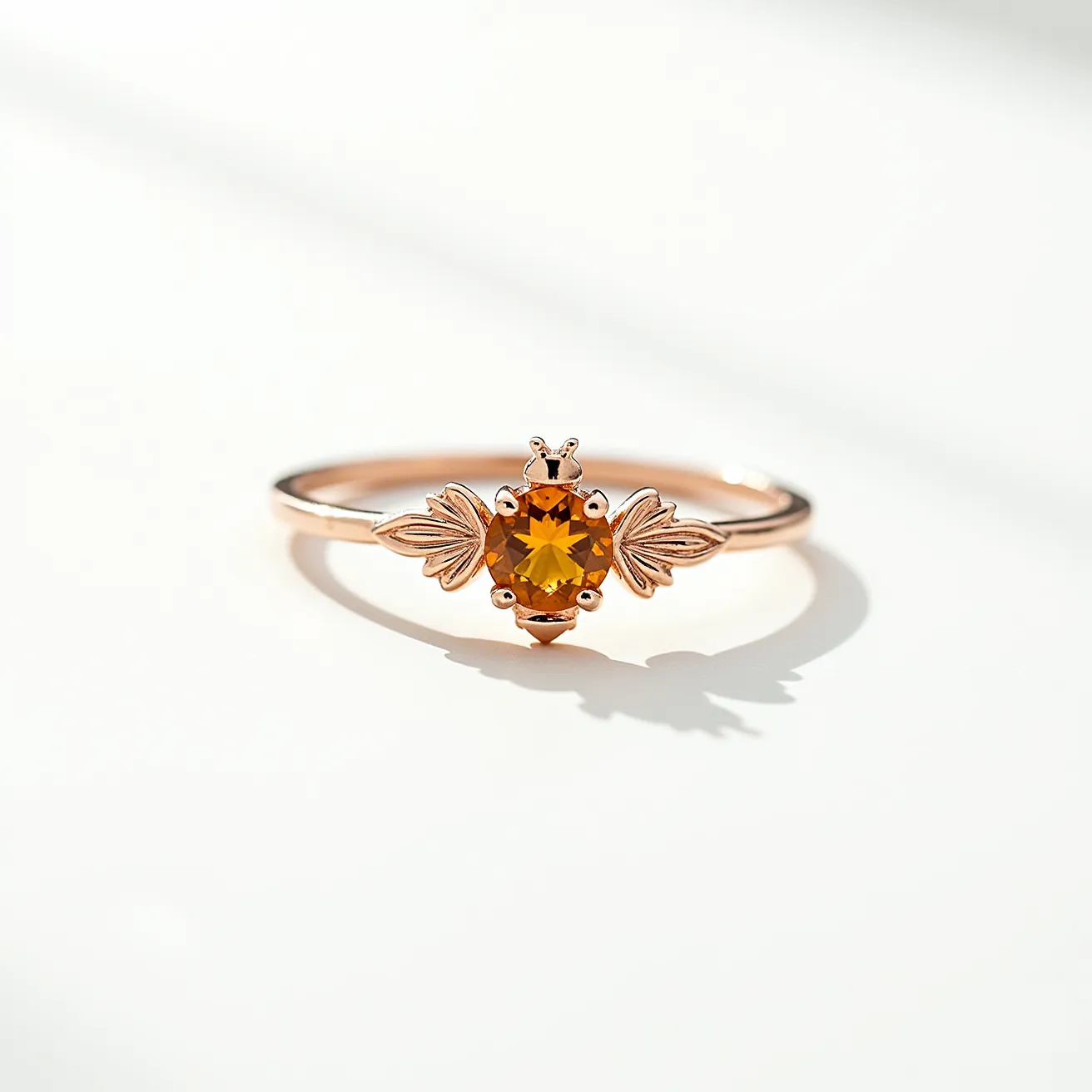 This bee ring features a delicate design crafted from a warm, gold-tone metal. The centerpiece of the ring is an oval-cut yellow gemstone that resembles the body of a bee, set in a prong setting to enhance its brilliance. Adorning each side of the gemstone are intricately designed wings, adding an elegant and whimsical touch to the ring. The band itself is sleek and simple, complementing the detailed centerpiece without overpowering it. This piece combines charm and elegance, making it a distinctive accessory for any occasion.