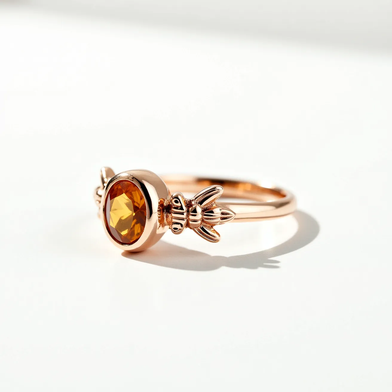 This bee ring features a delicate and elegant design crafted in a warm-toned metal, likely rose gold. At the center, it showcases a beautifully faceted, round-cut amber gemstone set in a bezel setting, adding a vibrant touch to the ring. The band of the ring is adorned with a finely detailed representation of a bee, enhancing its thematic charm. The sleek structure and artistic detailing suggest a seamless and comfortable fit. Overall, this accessory combines nature-inspired artistry with a touch of sophistication.