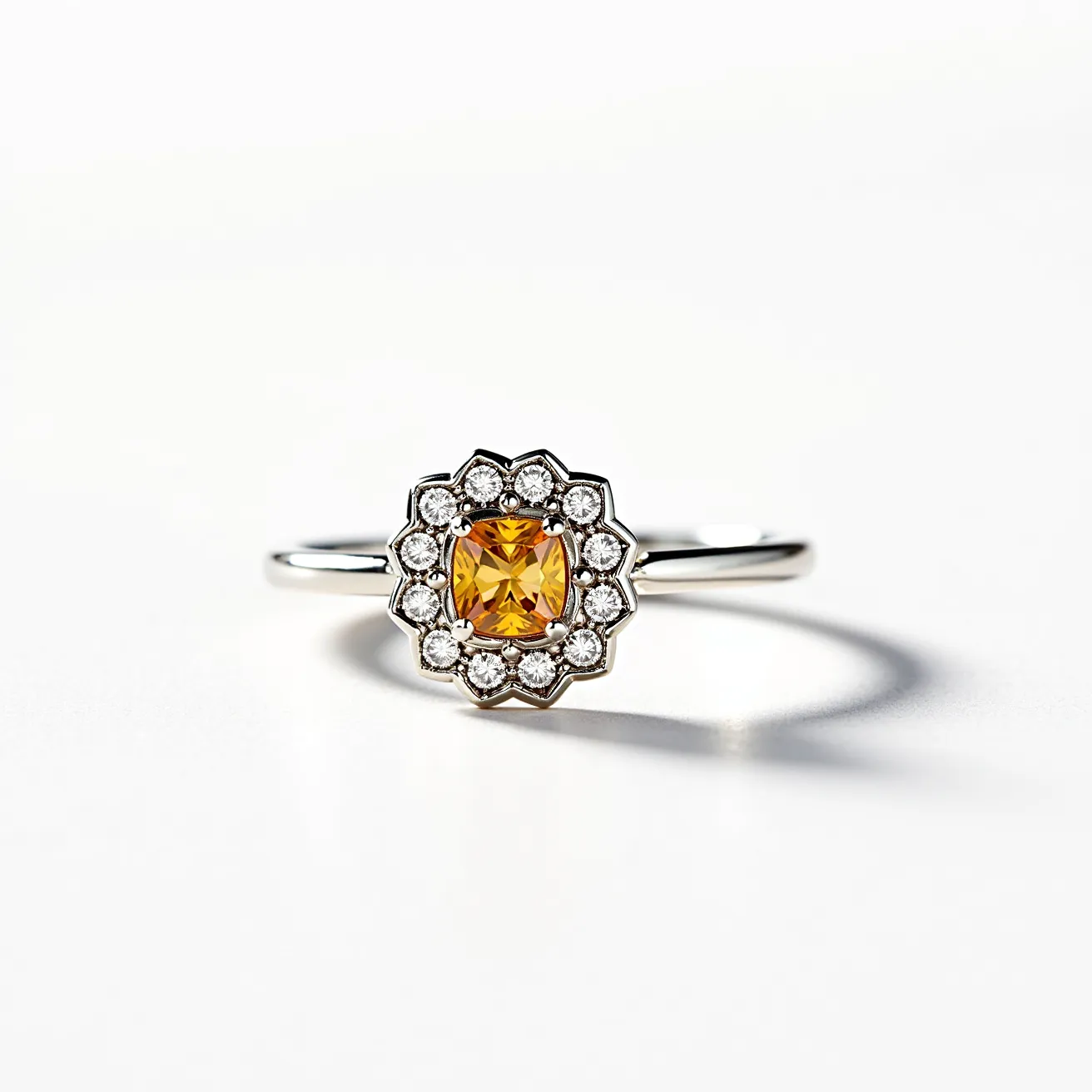 This bee ring features a bright, yellow-orange gemstone at the center, cut in a cushion shape, which resembles the vibrant hue of honey. Surrounding the central stone is a halo of small, clear gemstones, possibly diamonds, arranged in a circular floral pattern that enhances the bee motif. The setting appears to be in a prong style, securely holding the stones in place. The band of the ring is made of a polished metal, likely white gold or platinum, adding a sleek and elegant finish to the design. The overall appearance is delicate yet striking, capturing the essence of a bee with refined elegance.