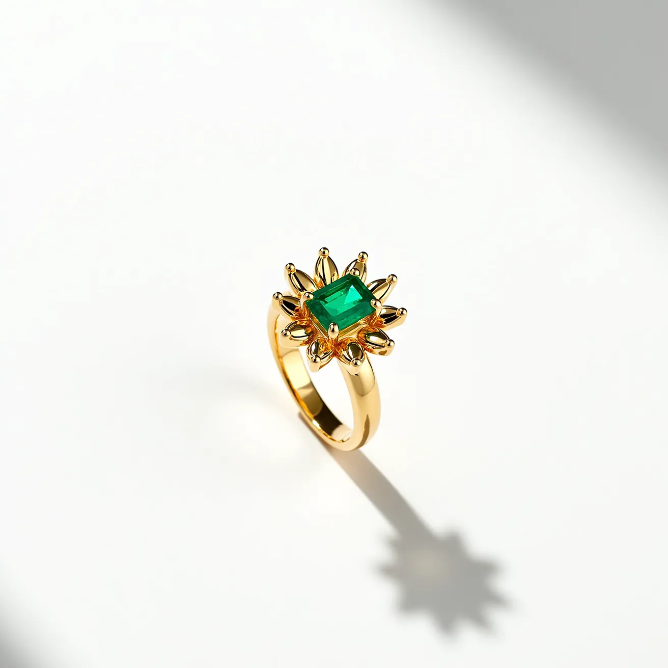 This big ring features a vibrant rectangular-cut emerald stone set at its center, creating a standout piece. The setting is adorned with gold, crafted in a flower-like pattern that enhances its allure and elegance. The petals of this floral design curve outward, holding the gemstone securely while adding a dynamic texture to the piece. The band is also gold, smoothly polished, providing a sturdy base that complements the ornate top. The overall design merges the richness of the materials with intricate craftsmanship, making it a visually captivating piece of jewelry.