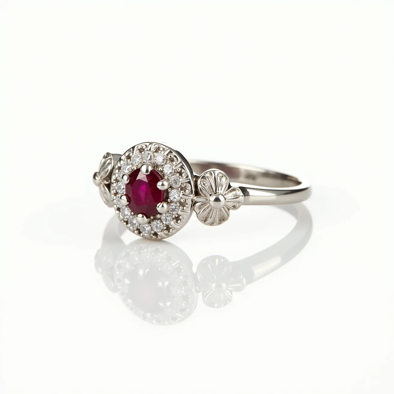 This big ring features a striking central oval ruby, set in a classic prong setting. Surrounding the ruby is a halo of small, round-cut diamonds that enhance its brilliance and allure. The band appears to be crafted from a silvery-white metal, likely platinum or white gold, providing both durability and a sleek aesthetic. On either side of the central gemstone setting are decorative flower motifs, intricately designed to add a touch of elegance and femininity to the piece. The overall design is sophisticated and ornate, making it a standout accessory for any occasion.