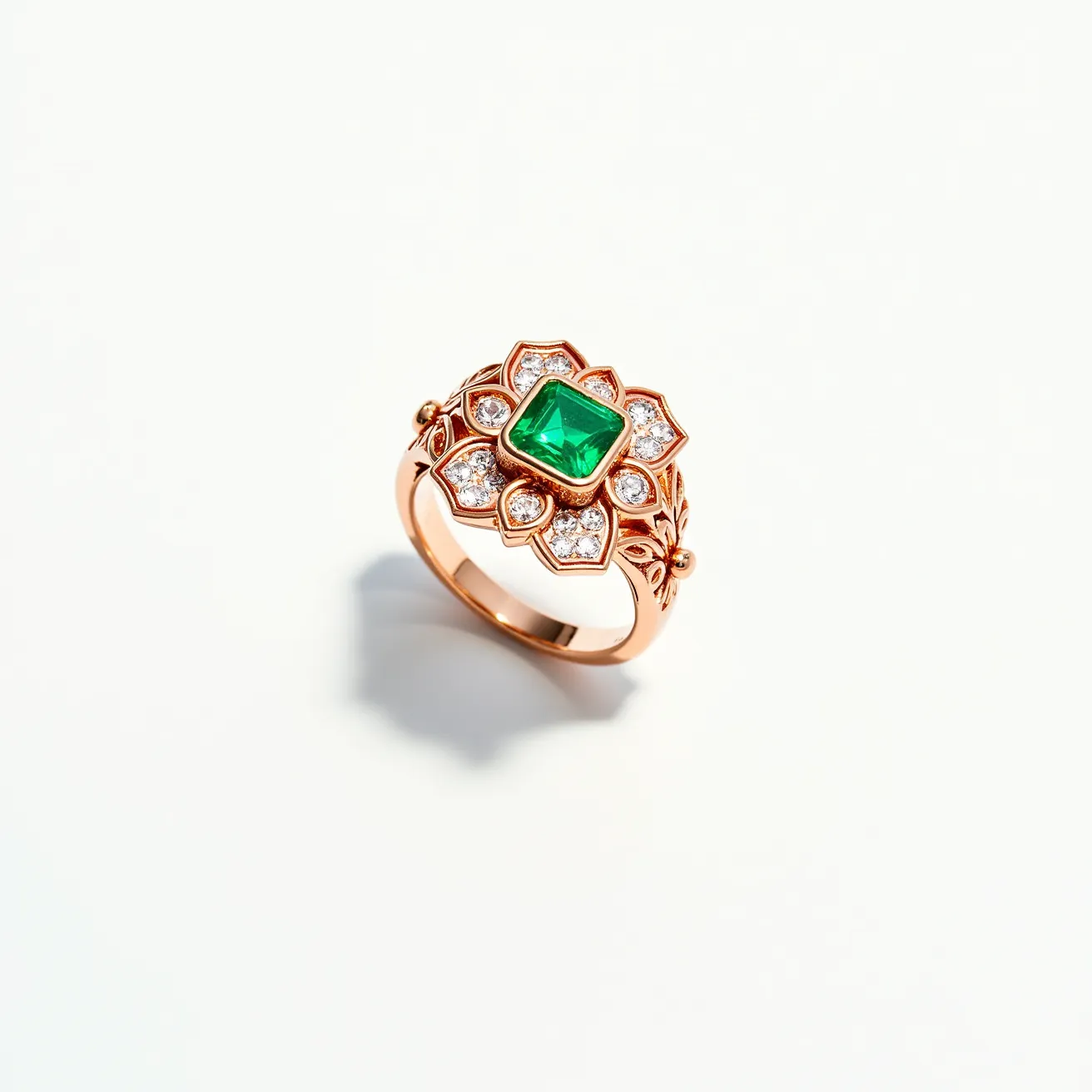 This big ring showcases a striking central emerald gemstone, likely cushion-cut, set in a prominent position. The surrounding design features a floral motif composed of smaller, round-cut diamonds set in a floral pattern, enhancing the elegance and brilliance of the piece. The band appears to be crafted from a warm-toned metal, possibly rose gold, adding a rich contrast to the bright green of the emerald and the sparkle of the diamonds. The craftsmanship includes intricate detailing throughout the band, creating a sophisticated and timeless look, with the settings and attachments seamlessly integrated to ensure both security and style.