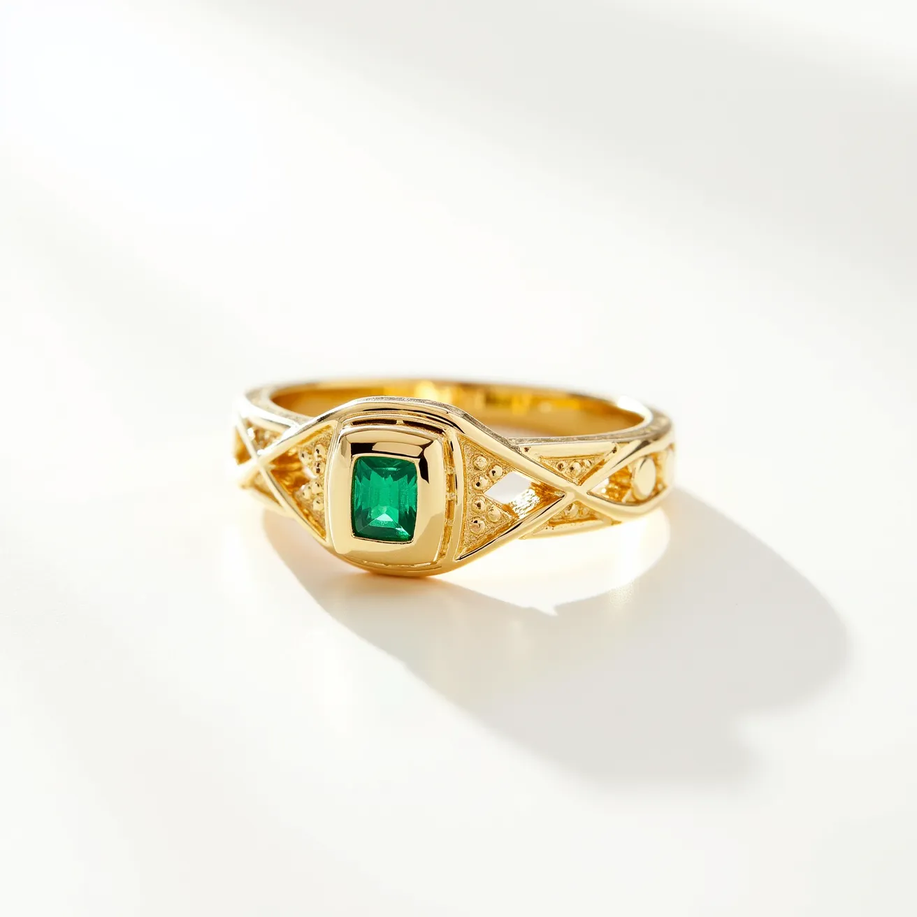 This big ring features a prominent square-cut green gemstone, likely an emerald, set in a sleek, geometric design. The setting is crafted from gold, possibly yellow gold due to its warm tone, and showcases intricate openwork patterns along the band, adding an artistic flair. The gemstone is securely held in place by a bezel setting, which encircles the stone and enhances its vibrant color. The overall design is elegant and well-crafted, highlighting both the beauty of the gemstone and the skillful detailing of the metalwork.