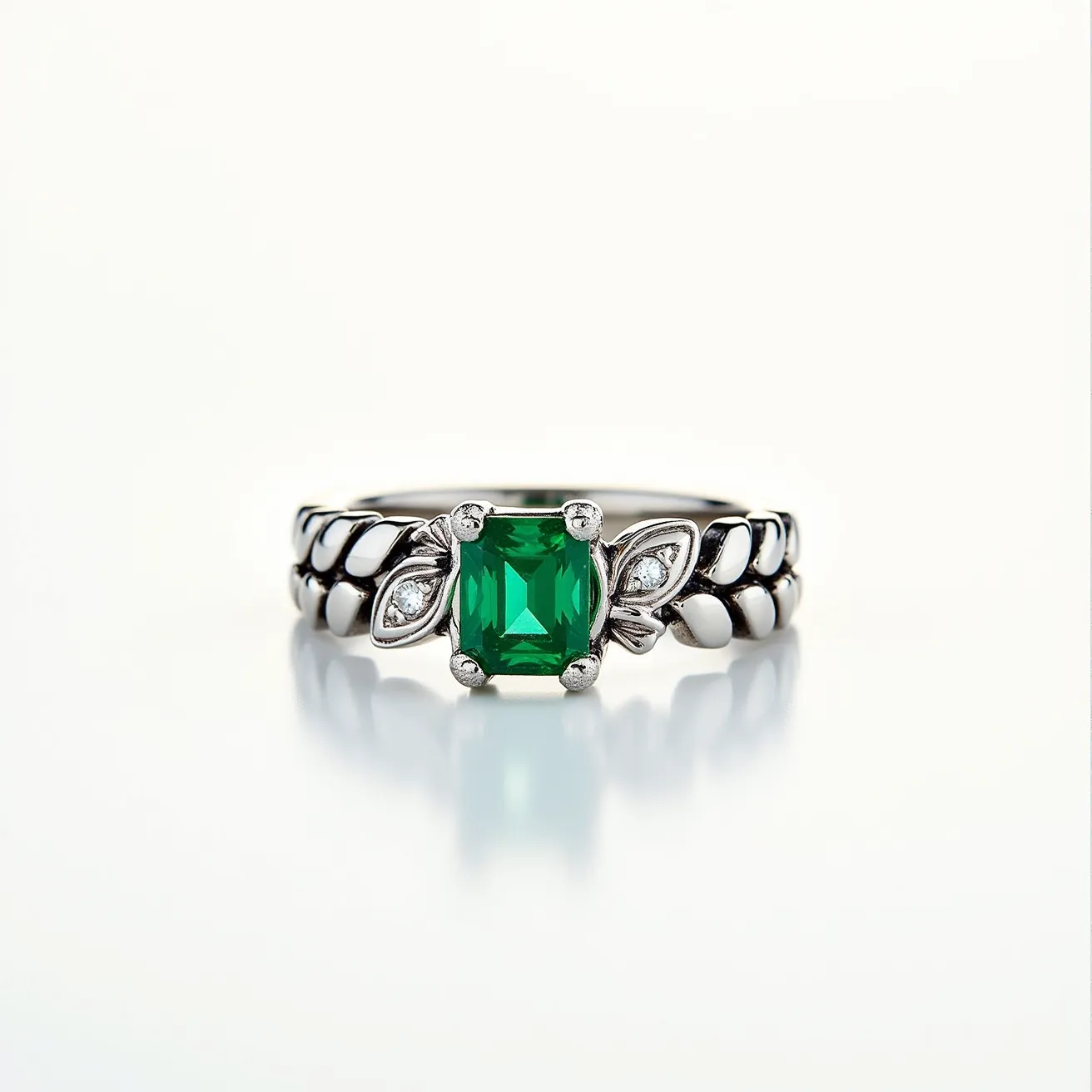 This big ring features a bold design with a striking, rectangular-cut green stone set in the center, possibly an emerald, held securely by four prongs. Flanking the central stone are two intricate leaf-shaped designs, each set with a small, round white gemstone, potentially diamonds. The band of the ring is composed of a substantial, interlinked metal, which might be silver or white gold, adding to the piece’s robust aesthetic. The blend of the vivid green stone with the clear gems and the metallic band creates a harmonious and eye-catching effect.