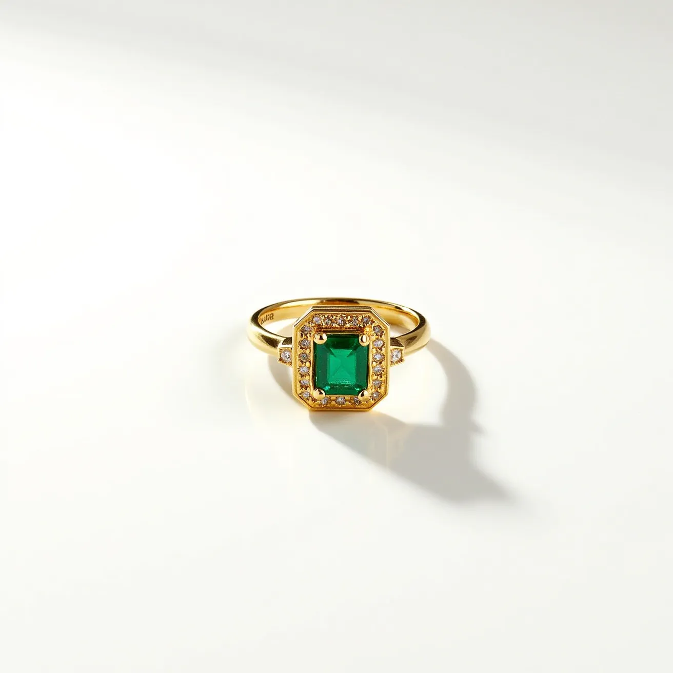 This big ring features a bold, rectangular-cut green gemstone, likely an emerald, set prominently at its center. The stone is surrounded by a halo of smaller, clear stones, possibly diamonds, arranged in a pavé setting, adding a touch of brilliance and contrast to the design. The band of the ring appears to be crafted from a polished gold material, enhancing the overall luxurious feel. The basket setting securely holds the central gemstone and its surrounding stones, ensuring durability and stability. The combination of the rich green hue and sparkling accents creates an elegant and striking appearance, ideal for making a statement.