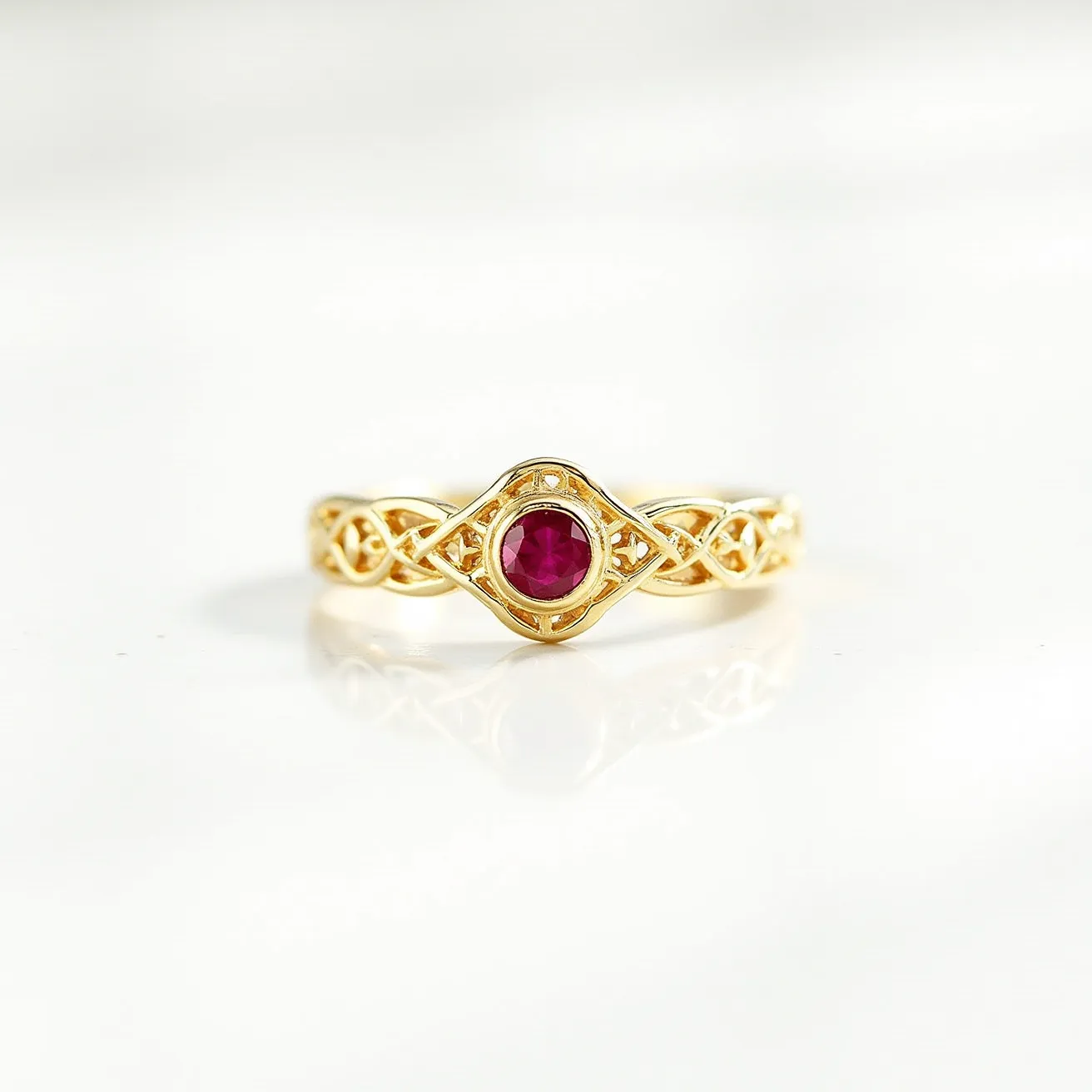 This birthstone ring features a striking design crafted from a polished gold metal band intricately styled with a Celtic knot pattern. At the center, a round-cut deep red gemstone is expertly set in a bezel setting, securely enveloped by the gold, allowing for a seamless integration with the band’s decorative motifs. The gemstone's vivid color suggests it may represent a birthstone commonly associated with either ruby or garnet months, adding to the ring's personalized significance. The absence of any clasps emphasizes the ring's continuous and unbroken circular design, ensuring both elegance and comfort for the wearer.