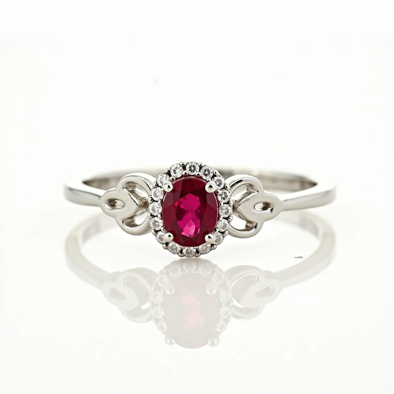 This birthstone ring features an elegant design with a prominent oval-cut red gemstone, likely a ruby, positioned at its center. The red stone is surrounded by a halo of smaller, round-cut clear stones, possibly diamonds or cubic zirconia, adding a sparkling contrast to the central gem. The setting is secured with prongs, enhancing the visibility and brilliance of the stones. The band is crafted from what appears to be a polished silver or white gold material, with decorative elements on either side of the halo, contributing to the overall intricate and graceful appearance of the ring.