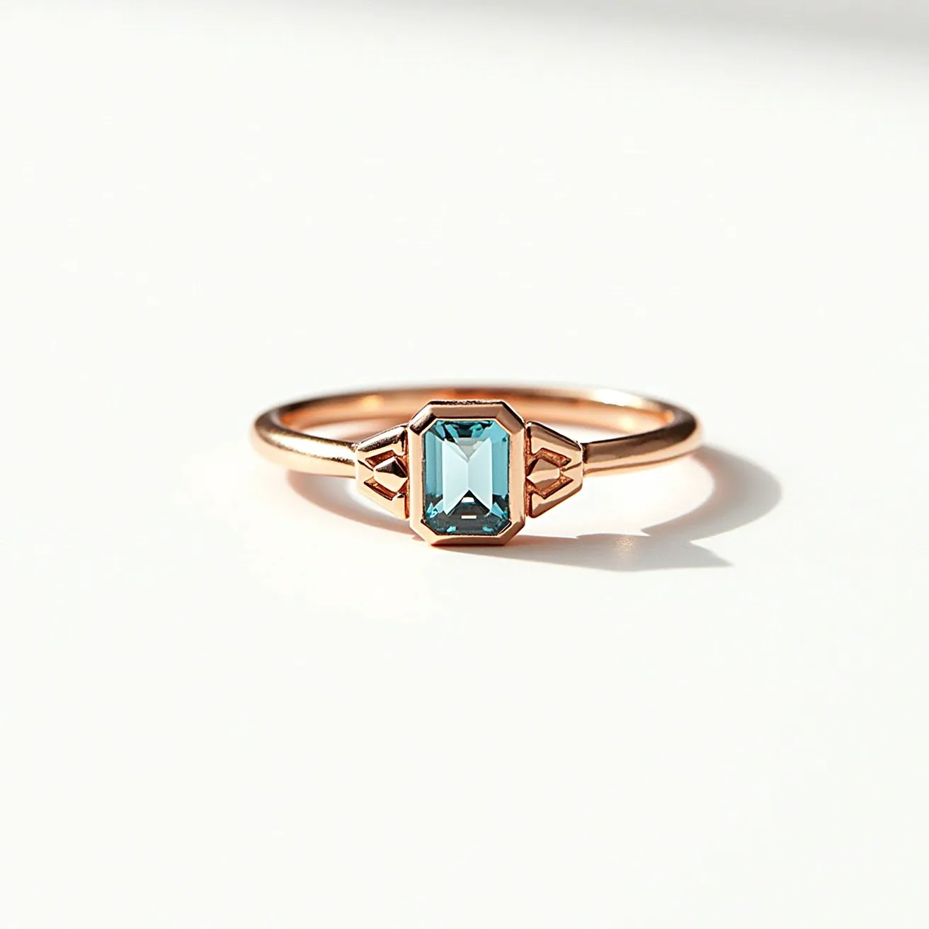 This birthstone ring features an elegantly cut rectangular aquamarine gem, set in a delicate rose gold band. The gemstone is held securely in place with a bezel setting, flanked on either side by geometric decorative elements that enhance its sophisticated design. The band is smooth and polished, providing a subtle yet striking contrast to the clear blue of the aquamarine. The overall craftsmanship highlights a minimalist yet refined aesthetic, ideal for everyday wear or special occasions.