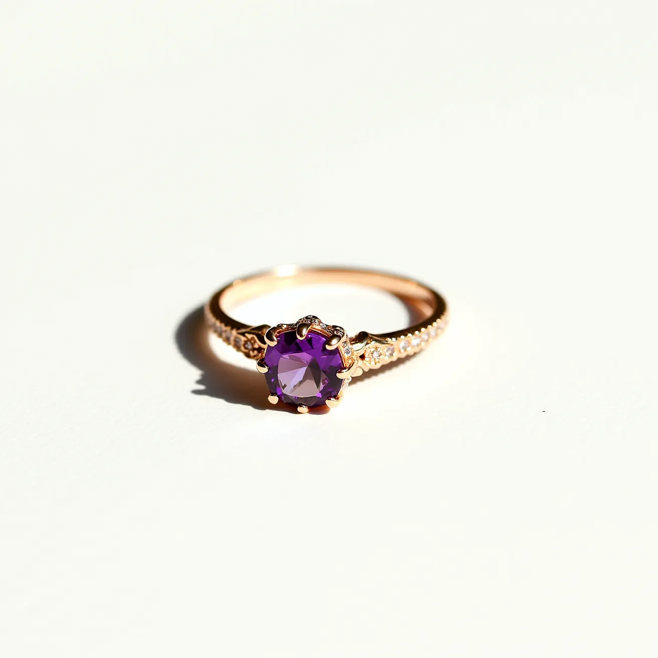 This birthstone ring features a prominent, round-cut amethyst set in a decorative prong setting that elegantly showcases its vibrant purple hue. The band appears to be crafted from a gold material, enhancing the luxurious and classic appeal of the piece. Intricately set into the band on either side of the central amethyst are small, round-cut accent diamonds that add a touch of sparkle and sophistication. The ring's overall design highlights a harmonious blend of color and elegance, making it a striking piece of jewelry.