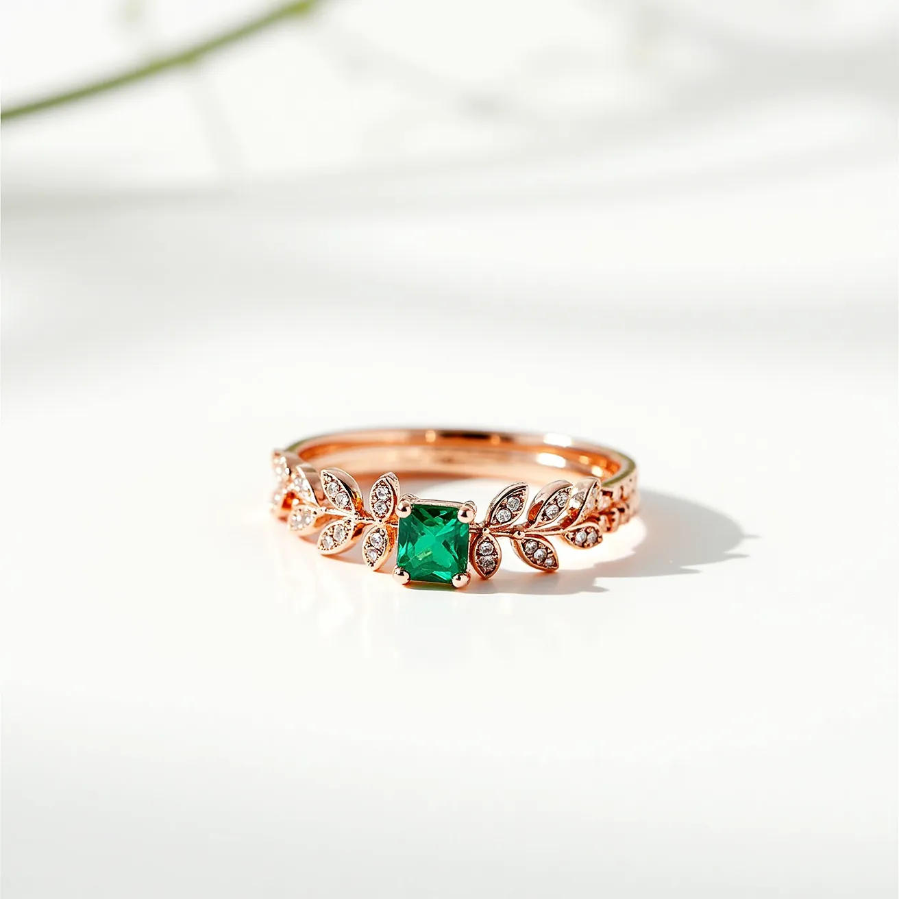 These birthstone stackable rings feature a beautifully crafted centerpiece, highlighted by a striking emerald green gemstone with a square cut, nestled securely in a prong setting. The band is crafted from a lustrous rose gold material that enhances the warmth and elegance of the design. Surrounding the central gemstone are delicate leaf motifs, each set with small, shimmering white stones that add a touch of sparkle and sophistication. The overall design is intricate yet seamless, combining natural elements with classic elegance to create a versatile and eye-catching accessory.