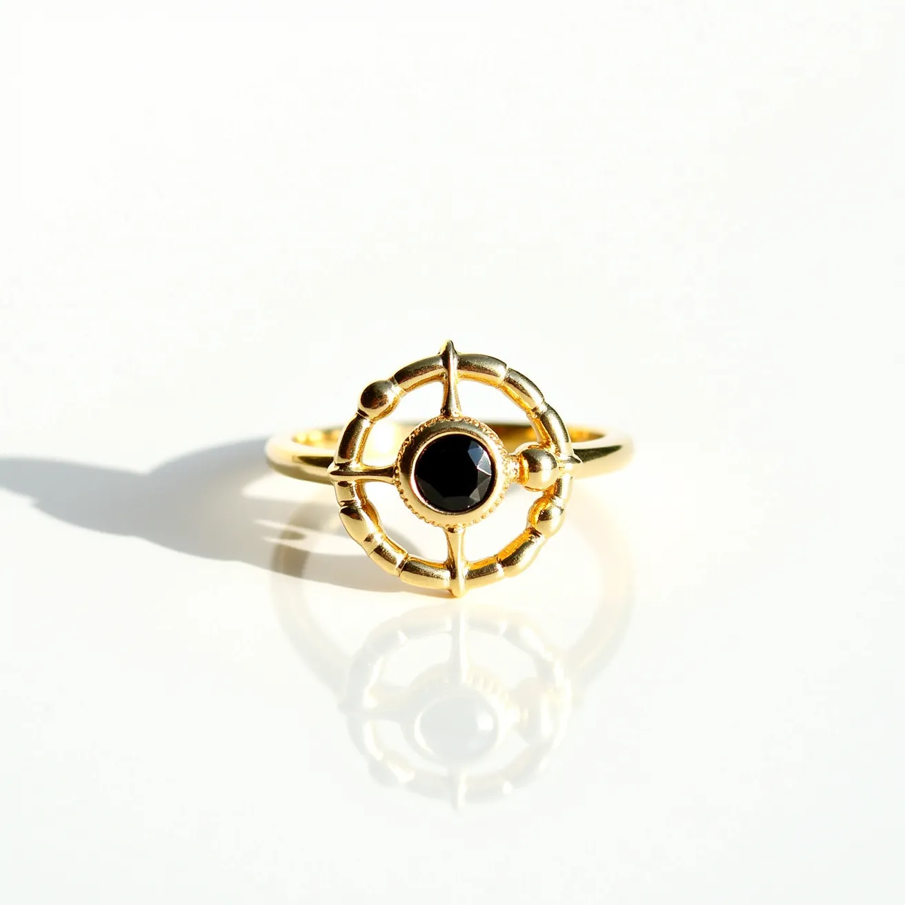 This black diamond ring features a striking central black diamond set in a round cut, showcasing its glossy facets. The diamond is surrounded by a circular gold setting, which adds an elegant framework to the design with intricate detailing that resembles a compass or starburst, enhancing the visual appeal. The band, crafted from high-quality gold, maintains a sleek and polished finish, providing a sturdy yet sophisticated backdrop for the centerpiece. The ring's unique aesthetic combines luxury and modern design, making it a distinctive accessory.