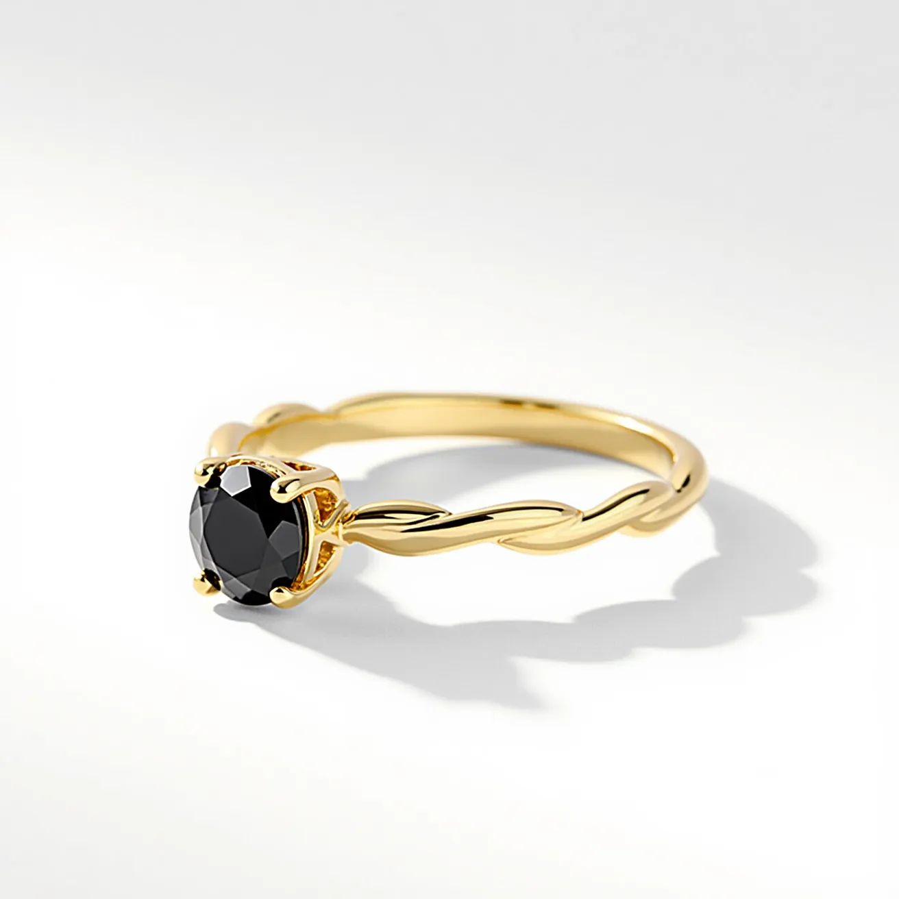 This black diamond ring features a striking round-cut black diamond as its centerpiece, set in an elegant prong setting that maximizes the stone's visibility and appeal. The band is crafted from yellow gold and showcases a unique twisted design that adds a touch of sophistication and artistry to the piece. The prong setting securely holds the black diamond, allowing it to stand out boldly against the band's golden hue, creating a harmonious contrast. The ring possesses a simple, yet refined design, emphasizing the beauty of the black diamond as its focal point.