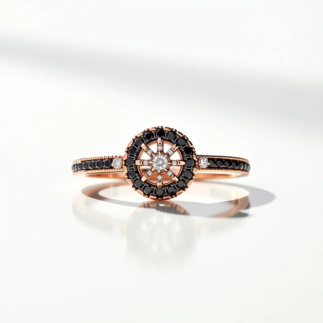 This black diamond ring features an intricately designed band crafted from rose gold, which offers a warm contrast to the black diamonds embedded along the band. The centerpiece of the ring is a circular setting adorned with a perfectly cut central diamond, surrounded by an arrangement of smaller black diamonds that form a striking halo. The outer circle of black diamonds and the central diamond are securely held in place, accentuating their brilliance. This exquisite combination of black and white diamonds with rose gold results in a stunning, contemporary piece of jewelry that seamlessly blends classic and modern styles.