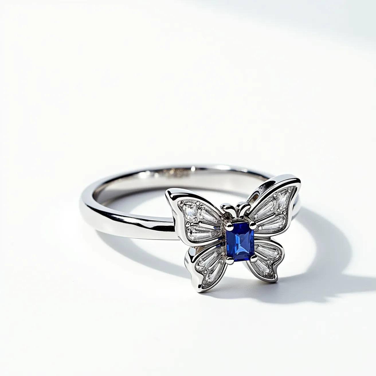 This butterfly ring showcases an elegant design featuring a central rectangular blue gemstone, possibly a sapphire, surrounded by a polished metal band, likely platinum or white gold. The butterfly's wings are adorned with small, clear stones that resemble diamonds, set in a channel or prong style to enhance their sparkle. The setting of the stones adds a delicate flair to the overall aesthetic, complementing the vibrant blue center stone. The ring does not appear to have any additional clasp or attachment, maintaining a sleek and continuous design around the finger.