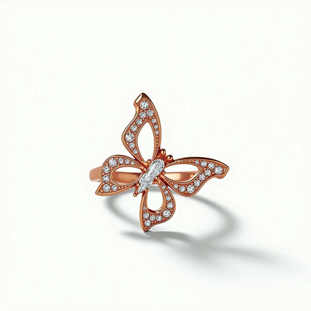 This butterfly ring features a delicate design crafted from rose gold, forming the shape of a butterfly with intricate openwork wings. Each wing is adorned with small round-cut diamonds, creating a sparkling effect across the design. At the center, a marquise-cut gemstone serves as the butterfly's body, set prominently to catch the light beautifully. The smooth, polished band complements the ornate butterfly motif, seamlessly attached without visible clasps, offering an elegant and cohesive aesthetic.