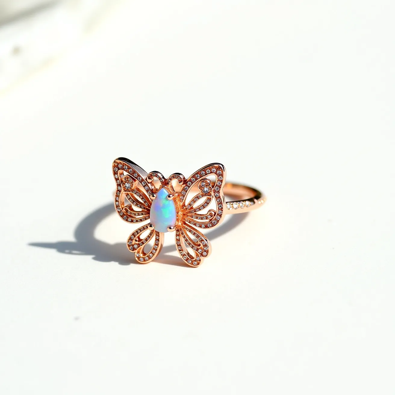 This butterfly ring features a delicate design with a central opal gemstone in an oval cut, prominently set in the center to form the body of the butterfly. The wings are crafted from a metal with a rose-gold hue, adding elegance and warmth to the piece. Small, sparkling clear stones are intricately set along the outline of the wings, providing a shimmering contrast and enhancing the opalescent quality of the central stone. The ring band continues the rose-gold motif, with additional small stones set halfway along its length, ensuring a cohesive and luxurious appearance. The construction is seamless with no visible clasps or attachments, enhancing its elegant and timeless design.