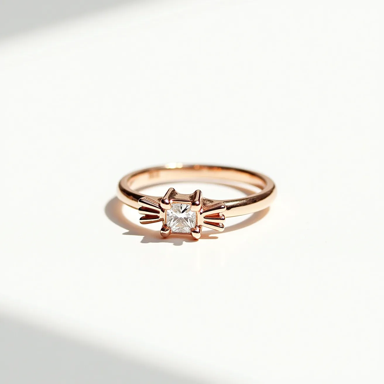 This cat ring features a sleek design crafted from what appears to be rose gold, giving it a warm and elegant hue. At the center, it showcases a square-cut gem, possibly a diamond or cubic zirconia, secured in a prong setting that resembles cat ears, adding a playful yet sophisticated touch. The band is smooth and unadorned, emphasizing the central gem without any additional clasps or attachments. The craftsmanship highlights both the beauty of the metal and the sparkle of the stone, making it a unique piece for cat lovers and jewelry enthusiasts alike.