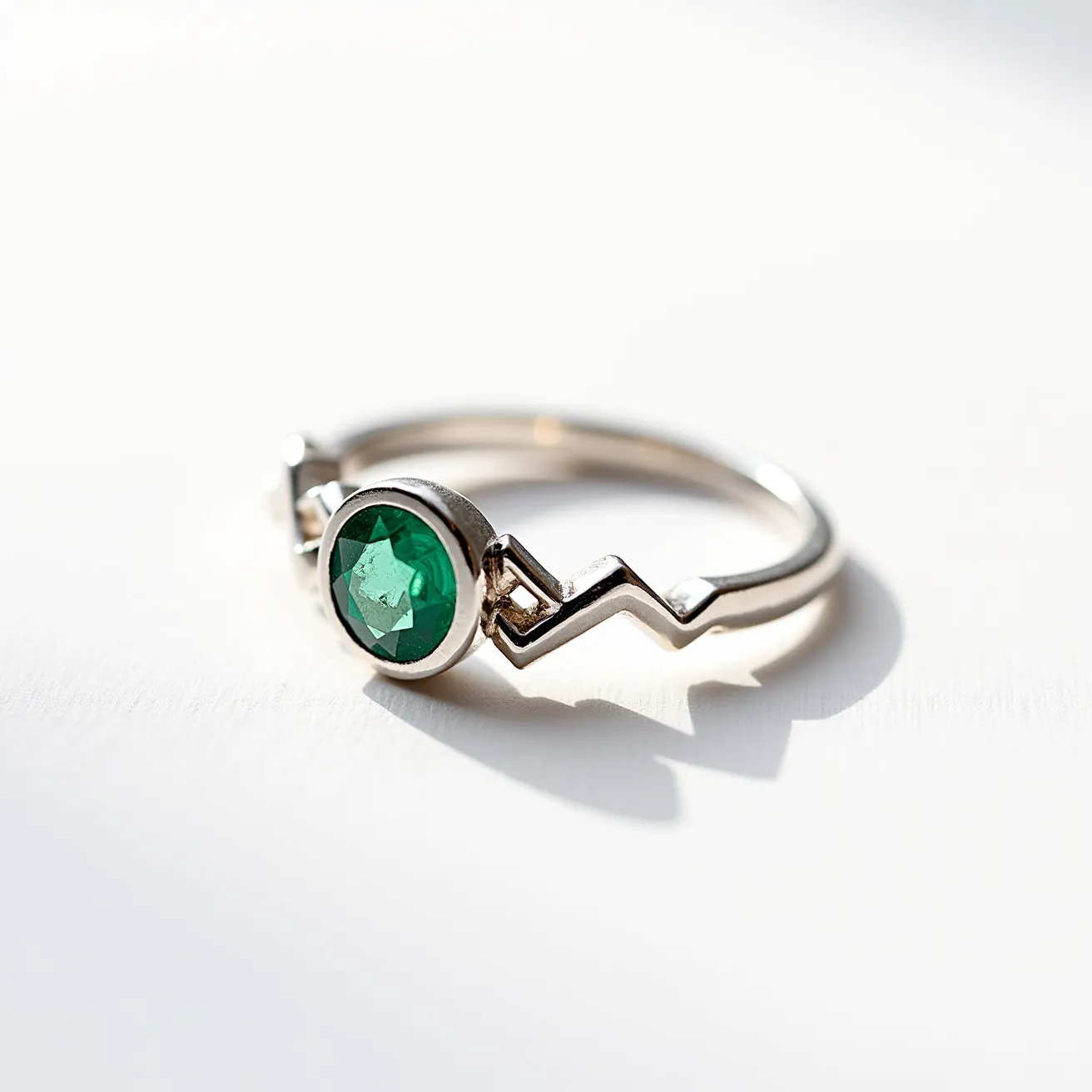 This chevron ring features a silver band with a distinctive zigzag design. Set prominently in the center is a round-cut green gemstone, likely an emerald, secured in a bezel setting that adds a modern touch while ensuring stability for the stone. The combination of the vibrant green gem and the sleek silver band creates a striking and elegant contrast, making it a unique piece of jewelry.