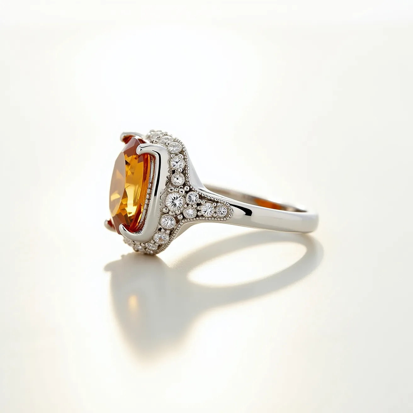 This citrine ring features a stunning oval-cut citrine stone set prominently at its center, showcasing its vibrant yellow-orange hue. The citrine is securely held in place by four prongs, forming an elegant and classic setting. Surrounding the citrine are numerous small, round-cut diamonds, providing a dazzling halo effect that enhances the ring's overall brilliance and allure. The band appears to be crafted from a lustrous metal, likely white gold or platinum, complementing the sparkle of the gemstones. The intricate design of the setting and band adds a touch of elegance and sophistication to the piece, making it a statement accessory.