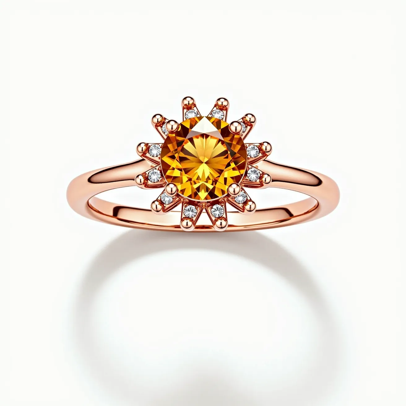 This citrine ring features a stunning central citrine gemstone, cut in a brilliant round shape that enhances its vibrant golden hue. Surrounding the citrine are smaller round clear stones, likely diamonds, arranged in an elegant cluster that adds sparkle and sophistication. The stones are set in a classic prong setting, which secures them while allowing maximum light to pass through. The band of the ring is crafted from a warm, rose gold metal, which complements the citrine’s color beautifully and adds a modern twist to the traditional design.