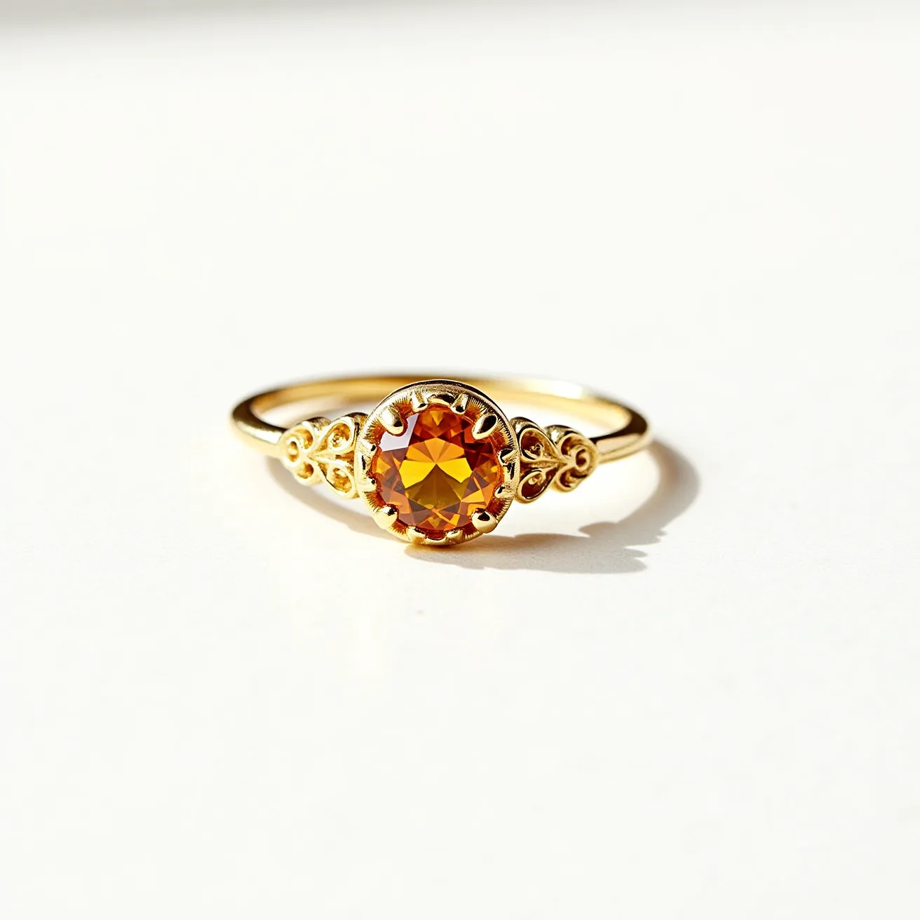 This citrine ring features a vibrant, round-cut citrine gemstone set at its center, showcasing a brilliant golden-orange hue. The stone is held securely by an elegant prong setting that complements its shine. The surrounding metal is likely a yellow gold, which enhances the warm tone of the gemstone. Intricate detailing adorns the band, with ornamental designs flanking the gemstone, adding to the ring’s ornate and classic aesthetic. The band itself is smooth and polished, providing a comfortable fit and a beautiful, cohesive design.