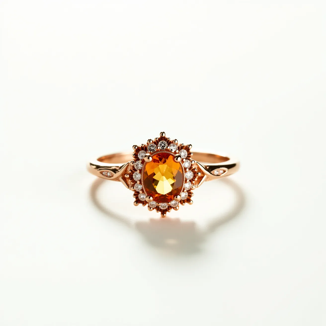 This citrine ring showcases an exquisite oval-cut citrine gemstone, set as the focal point in a decorative halo setting. The citrine is surrounded by a cluster of smaller, shimmering stones, likely diamonds or cubic zirconia, which enhance its brilliance. The band appears to be crafted from a warm, rose gold metal that complements the vibrant orange hue of the citrine. The band features delicate, ornamental detailing on either side of the center setting, adding a touch of elegance and sophistication to the design. This ring is both a statement piece and a fine example of skilled craftsmanship.