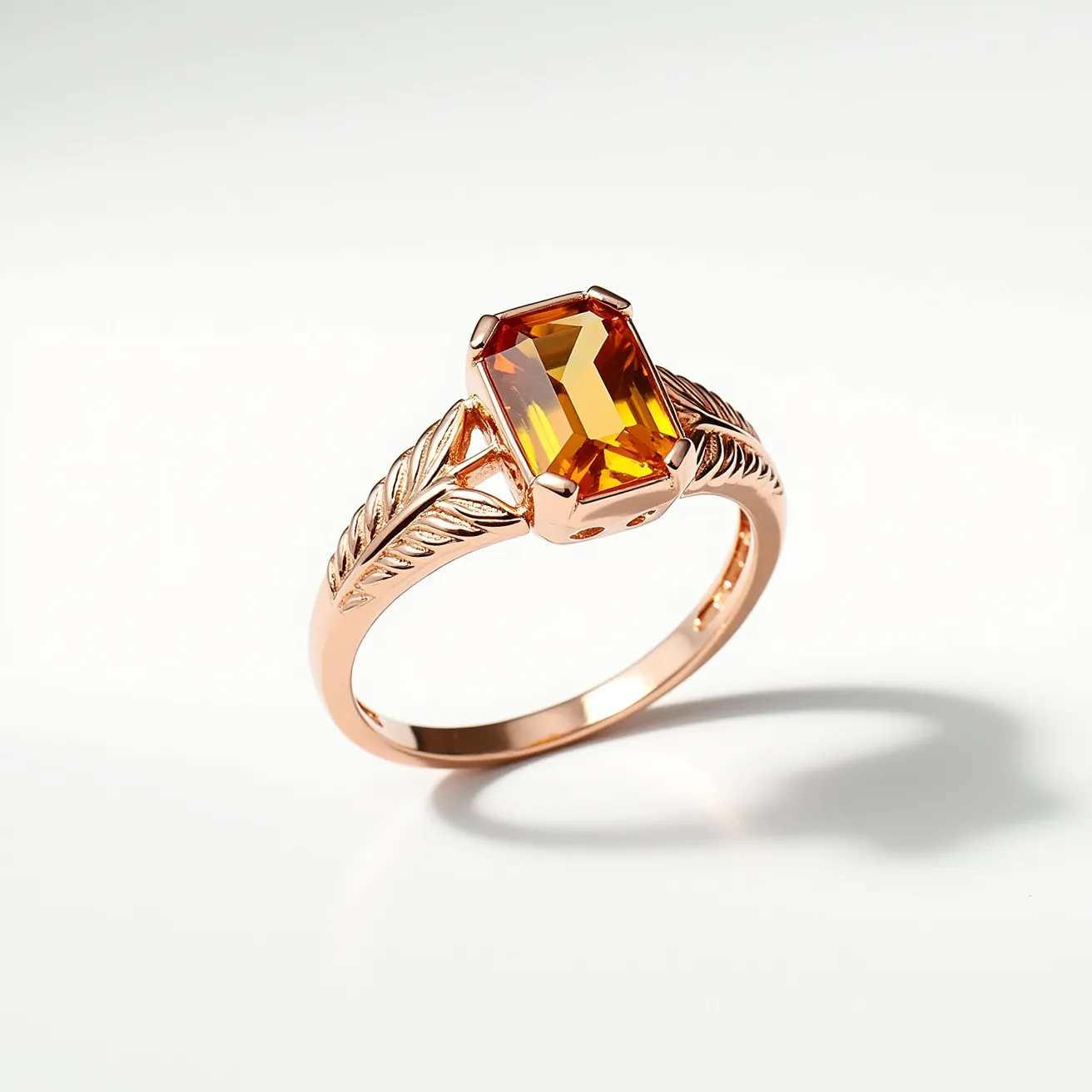 This citrine ring features a vibrant, rectangular emerald-cut citrine stone set in a prong setting, offering both security and elegance. The ring is crafted from a warm, rose gold metal that complements the citrine's rich, golden hues. The band showcases intricate leaf engravings on either side of the gemstone, adding a touch of nature-inspired artistry to the overall design. The combination of the citrine's brilliance and the metal's luster creates a striking and harmonious aesthetic.