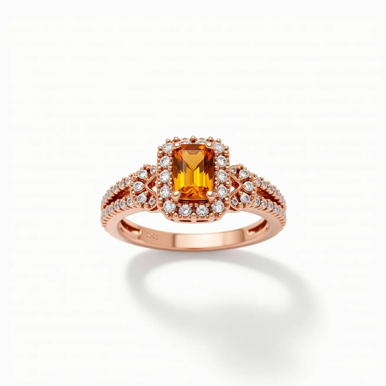 This citrine ring features an elegant rectangular citrine stone at its center, set in a classic halo design. The citrine, known for its vibrant golden hue, is complemented by a series of small, sparkling diamonds that surround it, enhancing its brilliance. The metal used for the band and setting appears to be a warm rose gold, adding a touch of warmth and contrast to the gemstones. The band itself is intricately designed, showcasing additional diamonds along the sides, which contribute to the ring’s overall sparkle and luxurious appearance.