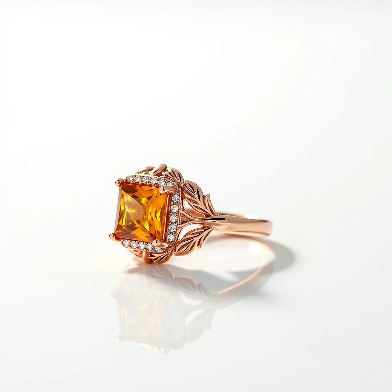 This citrine ring features a striking square-cut citrine gemstone mounted at its center, encircled by a halo of smaller round brilliant-cut diamonds. The citrine is set in a four-prong configuration, securely holding the gemstone in place. The band is crafted from a rose gold material, intricately designed with a leaf-like motif that adds an elegant, organic touch to the overall aesthetic. The diamonds are pave-set within the halo, enhancing the brilliance of the central stone and complementing the warm tones of the citrine and rose gold. The combination of materials and design creates a sophisticated and harmonious piece of jewelry.