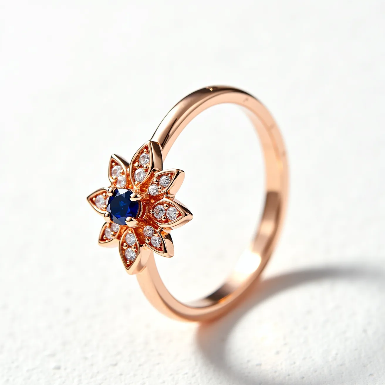 This cocktail ring features a distinctive design with a rose gold band that showcases an eye-catching arrangement of gemstones. Central to the piece is a deep blue, round-cut stone set securely at the center, emphasizing its vibrant hue. Surrounding this central gem is a floral pattern composed of several marquise-shaped settings, each holding a small, clear stone that complements the central blue stone. These settings mimic the form of petals, adding a delicate elegance to the overall design. The ring's craftsmanship highlights a harmonious blend of colors and shapes, making it a striking accessory.