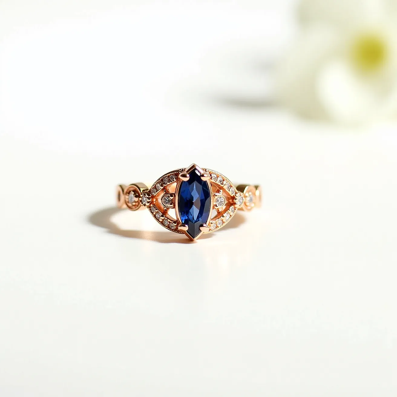 This cocktail ring features an eye-catching marquise-cut blue gemstone set at its center, which appears to be a sapphire. The stone is held securely by four prongs and surrounded by a halo of small, clear round stones that could be diamonds or cubic zirconia, adding sparkle and enhancing its elegance. The band is crafted from a polished metal with a warm hue, likely rose gold, complementing the deep blue of the central gem. The design includes decorative accents on the shank, incorporating additional small stones, contributing to the ornate style typical of cocktail rings.