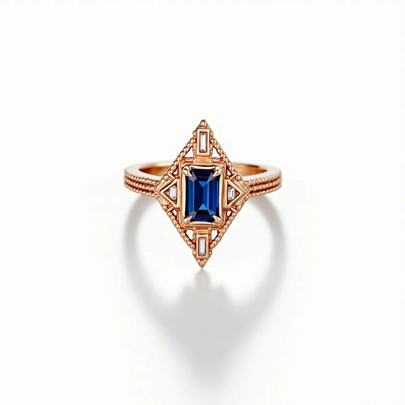 This cocktail ring features a prominent rectangular sapphire at its center, cut in an emerald shape, providing a deep blue focal point. The sapphire is set within an ornate gold frame that is embellished with small, baguette-cut diamonds positioned at each cardinal point, enhancing its luxurious appearance. The gold band has intricate detailing, adding texture and elegance to the design. The ring does not appear to have any visible clasps or attachments, focusing on the gem and gold interplay.