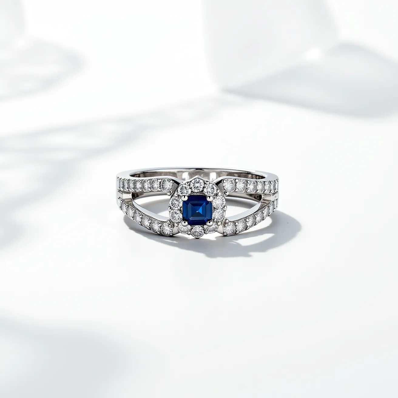 This cocktail ring features an elegant design with a central square-cut blue sapphire that serves as the focal point. Surrounding the sapphire are numerous small round-cut diamonds, creating a dazzling halo effect. The diamonds are set in a prong setting, adding extra sparkle and securing the stones in place. The band of the ring is crafted from a lustrous metal, likely white gold or platinum, which enhances the brilliance of the diamonds and complements the deep blue of the sapphire. The band itself is adorned with additional small diamonds, providing a continuous shimmer. The overall design is both intricate and sophisticated, ideal for making a statement at special occasions.